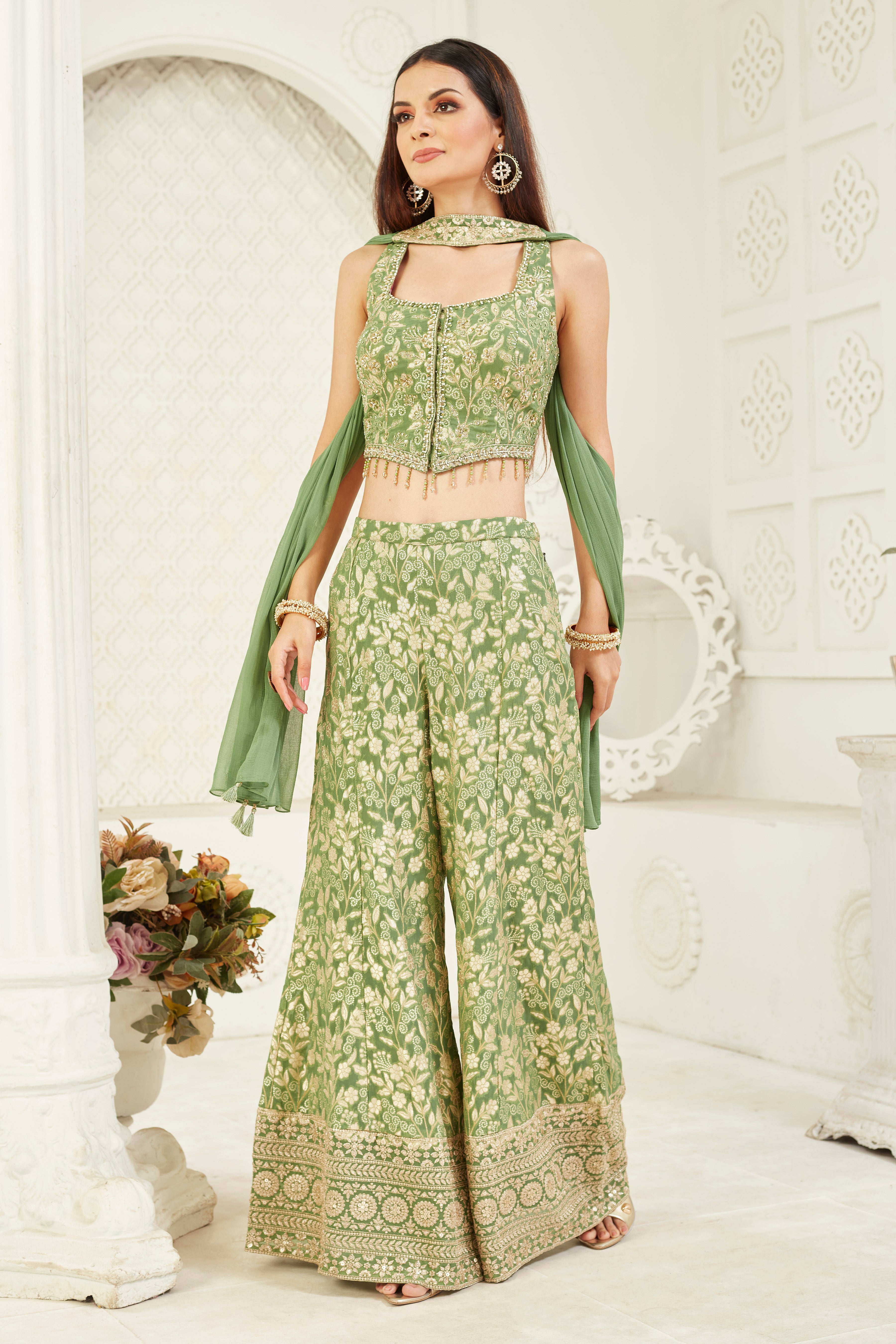 Green Embellished Premium Silk Palazzo Set