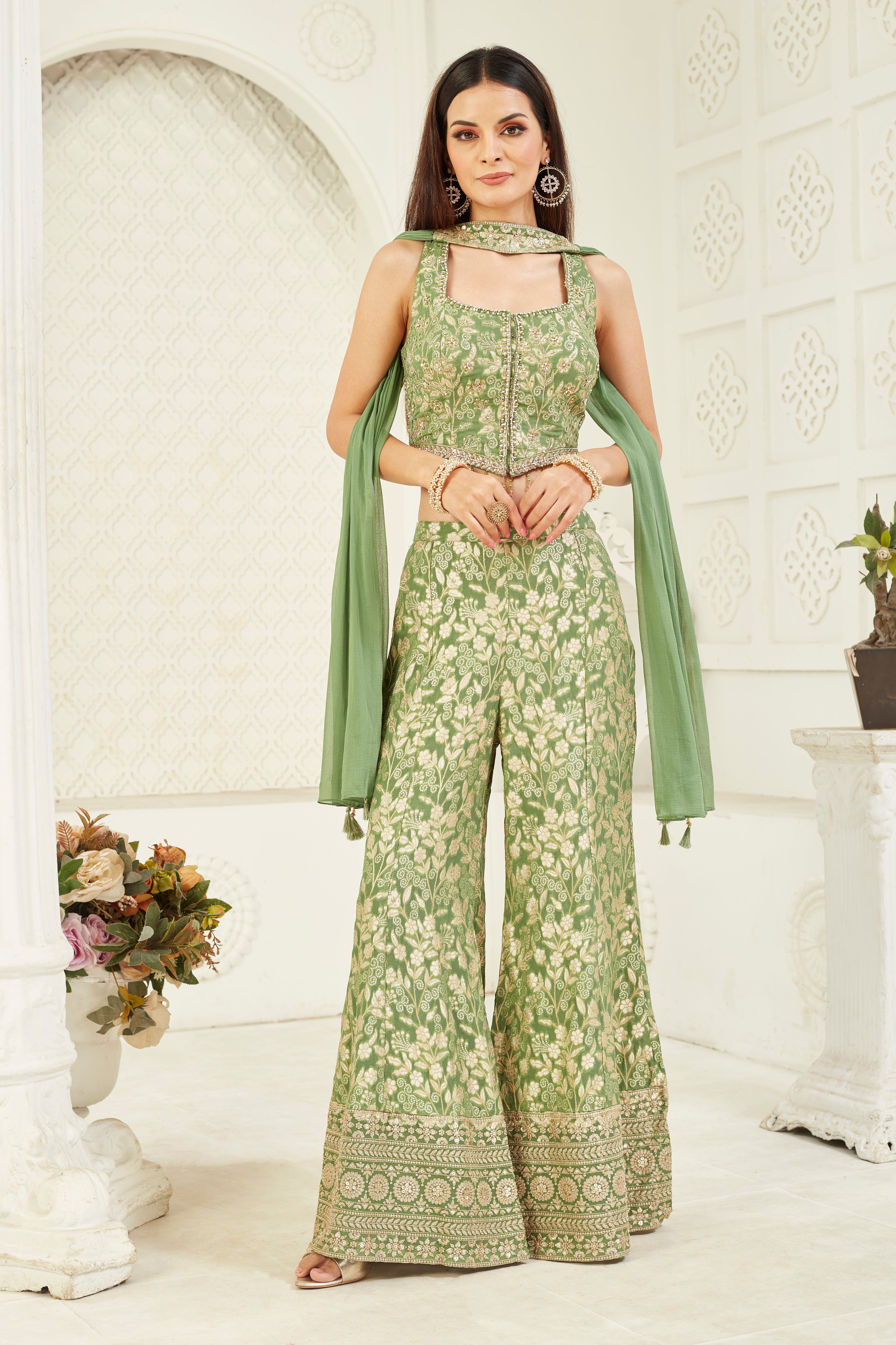 Green Embellished Premium Silk Palazzo Set