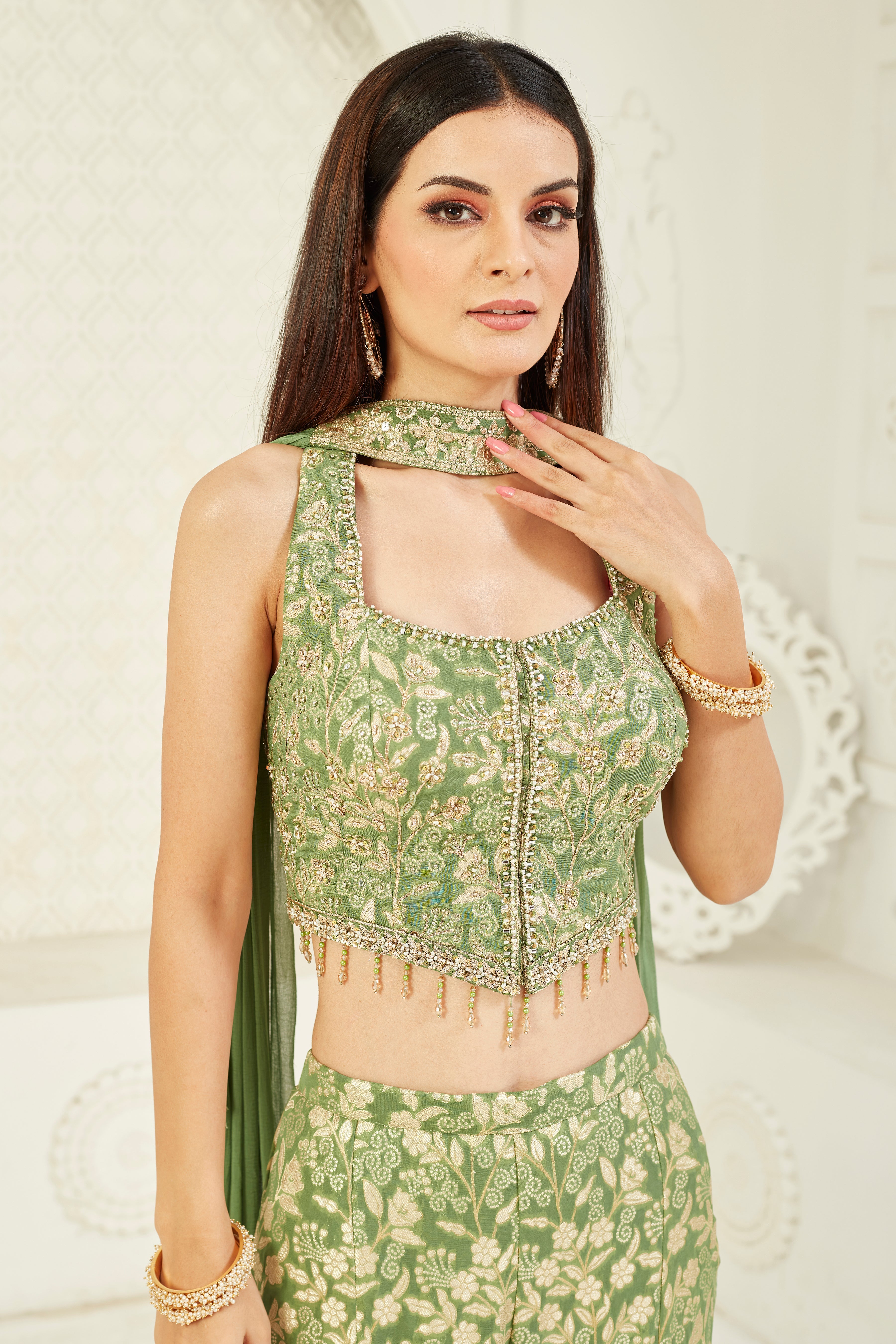 Green Embellished Premium Silk Palazzo Set