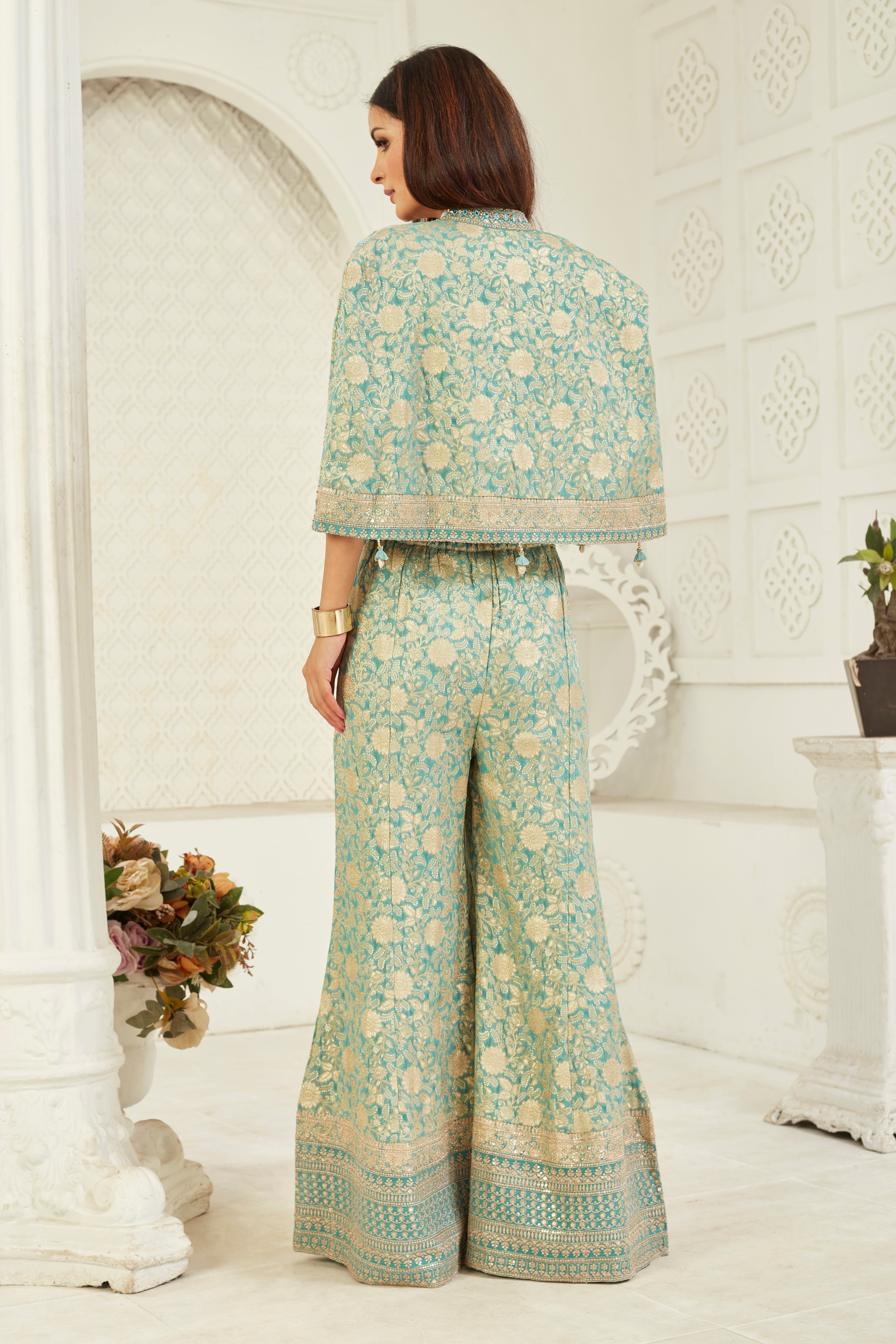 Teal Embroidered Crepe Silk Cape Set