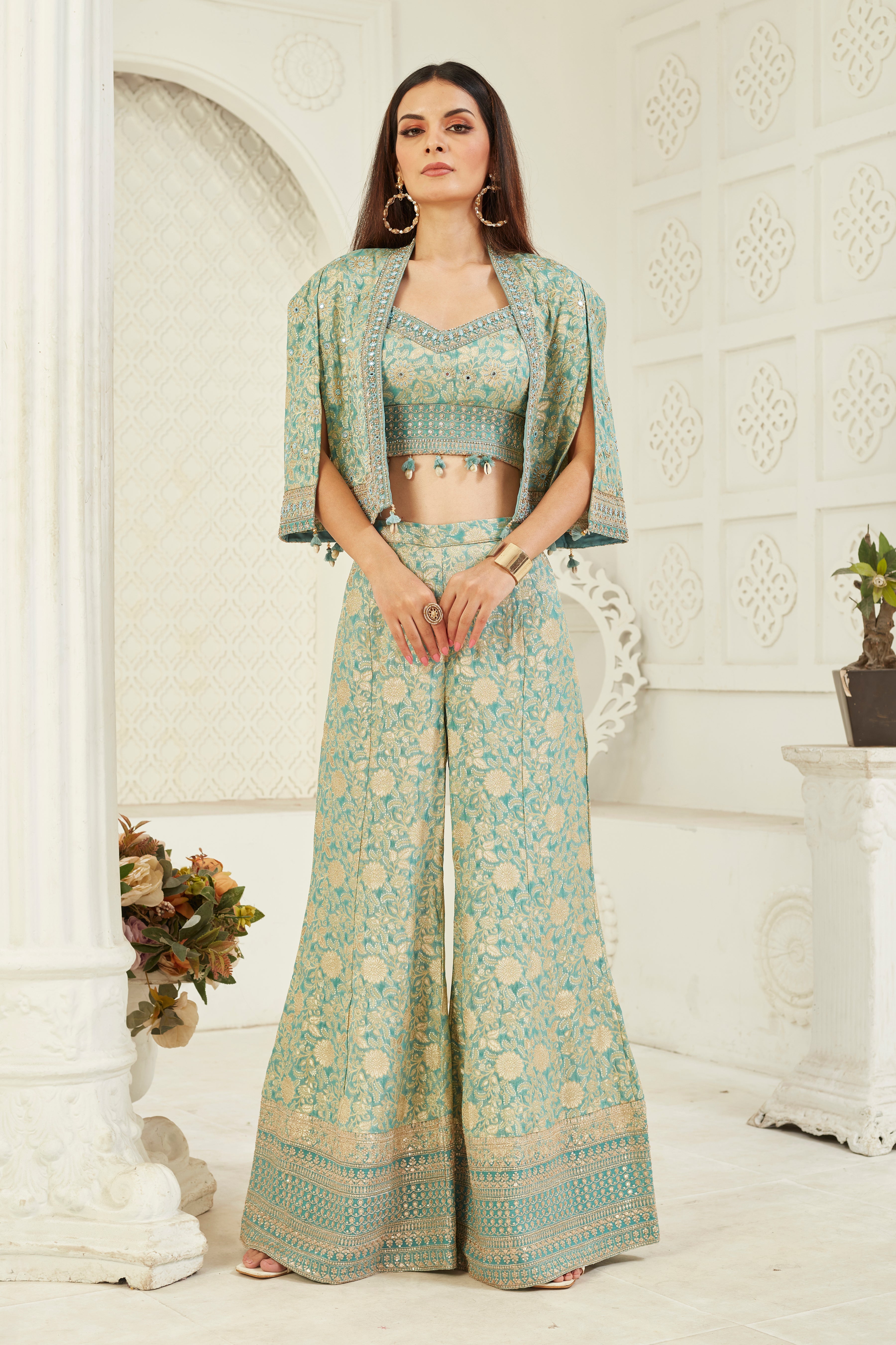 Teal Embroidered Crepe Silk Cape Set