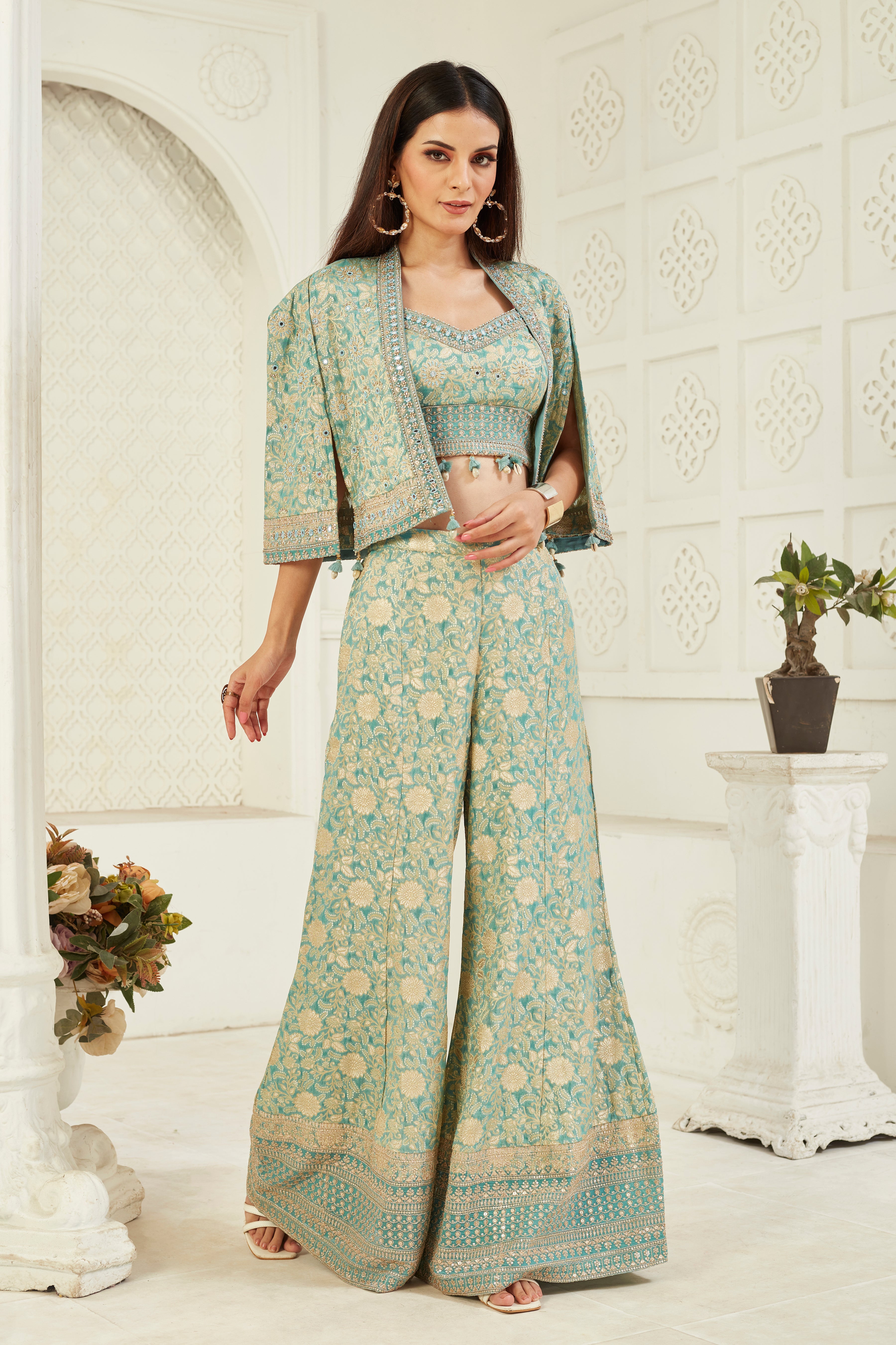 Teal Embroidered Crepe Silk Cape Set
