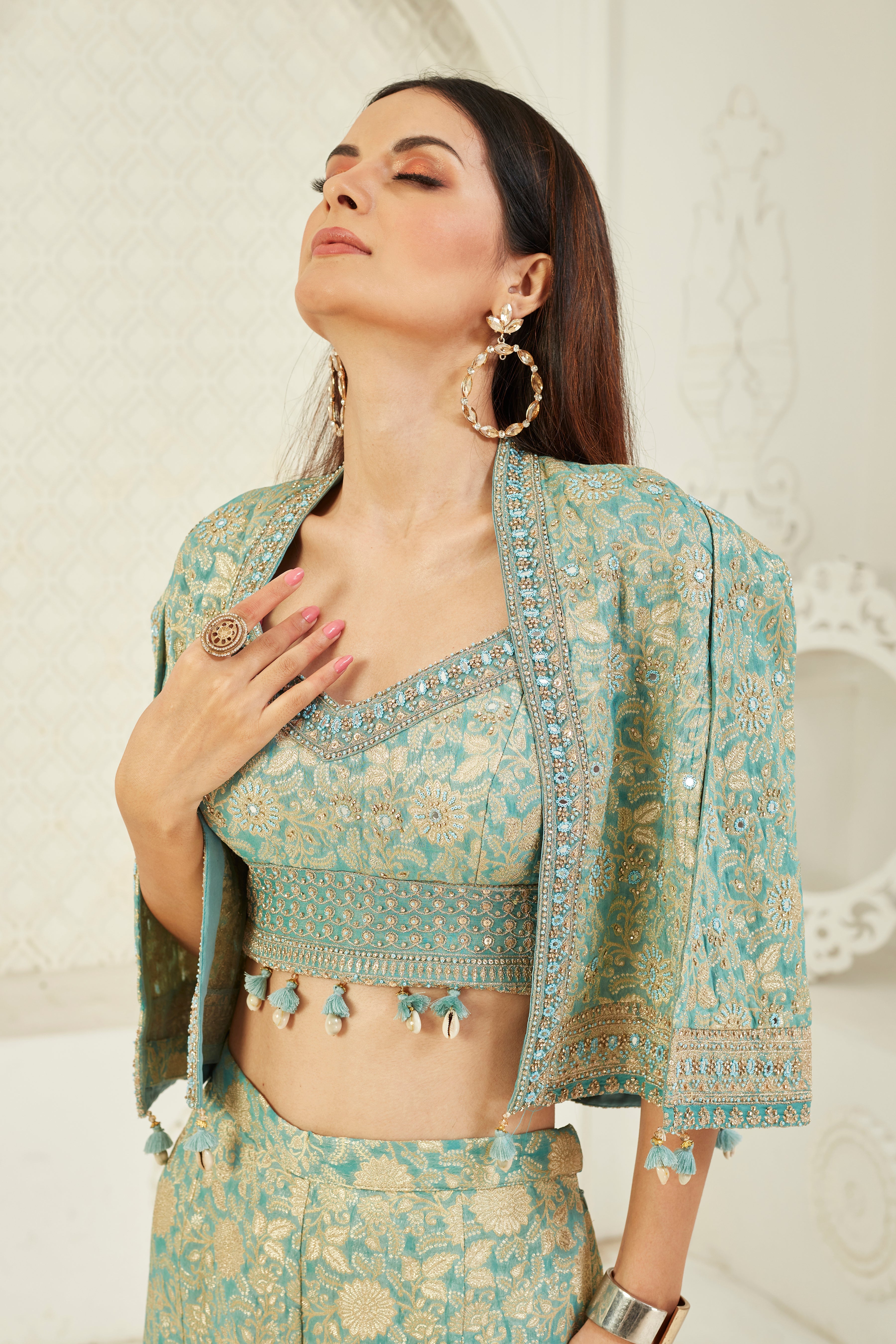 Teal Embroidered Crepe Silk Cape Set