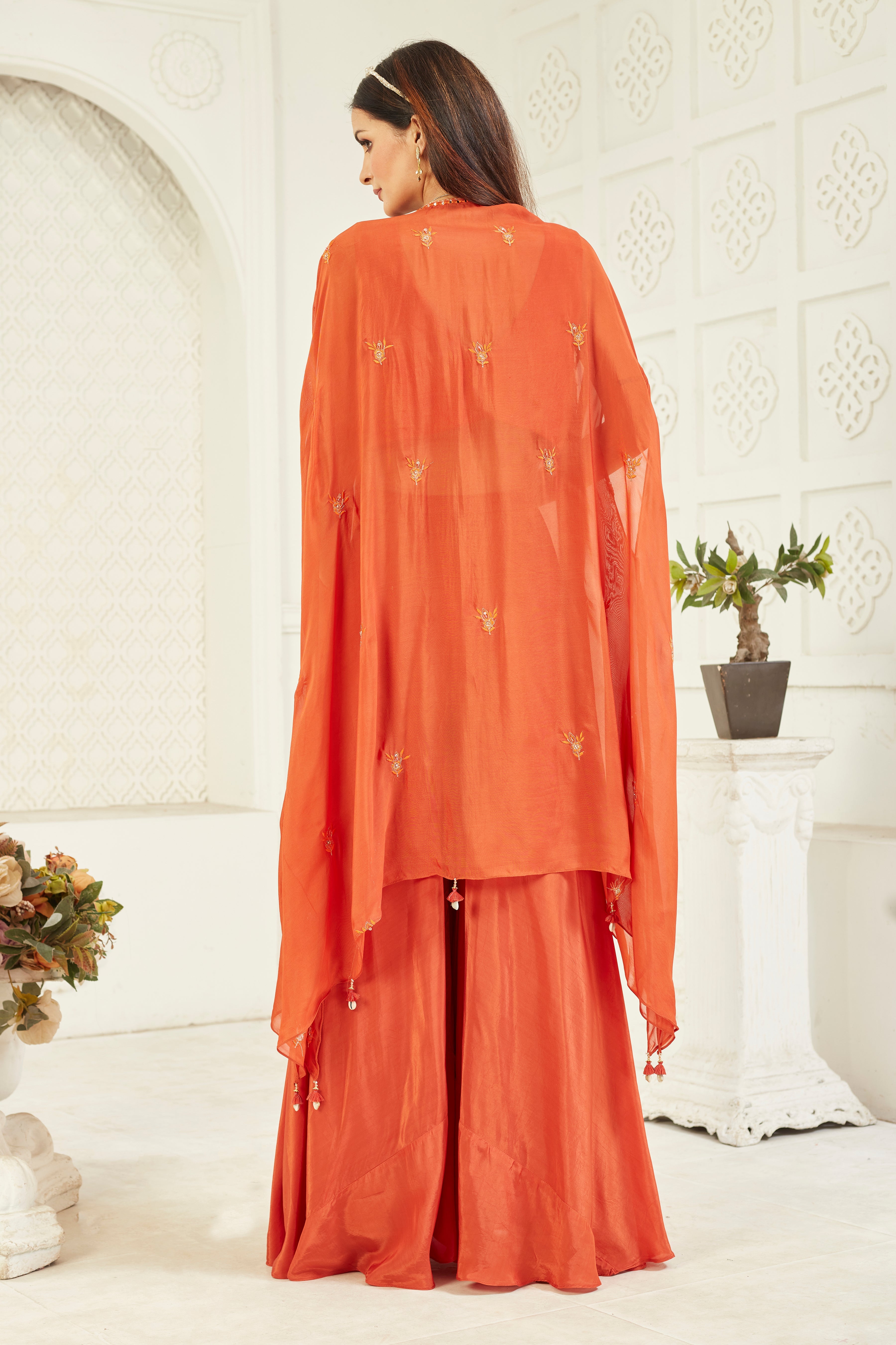 Rustic Red Embellished Georgette Silk Cape Set