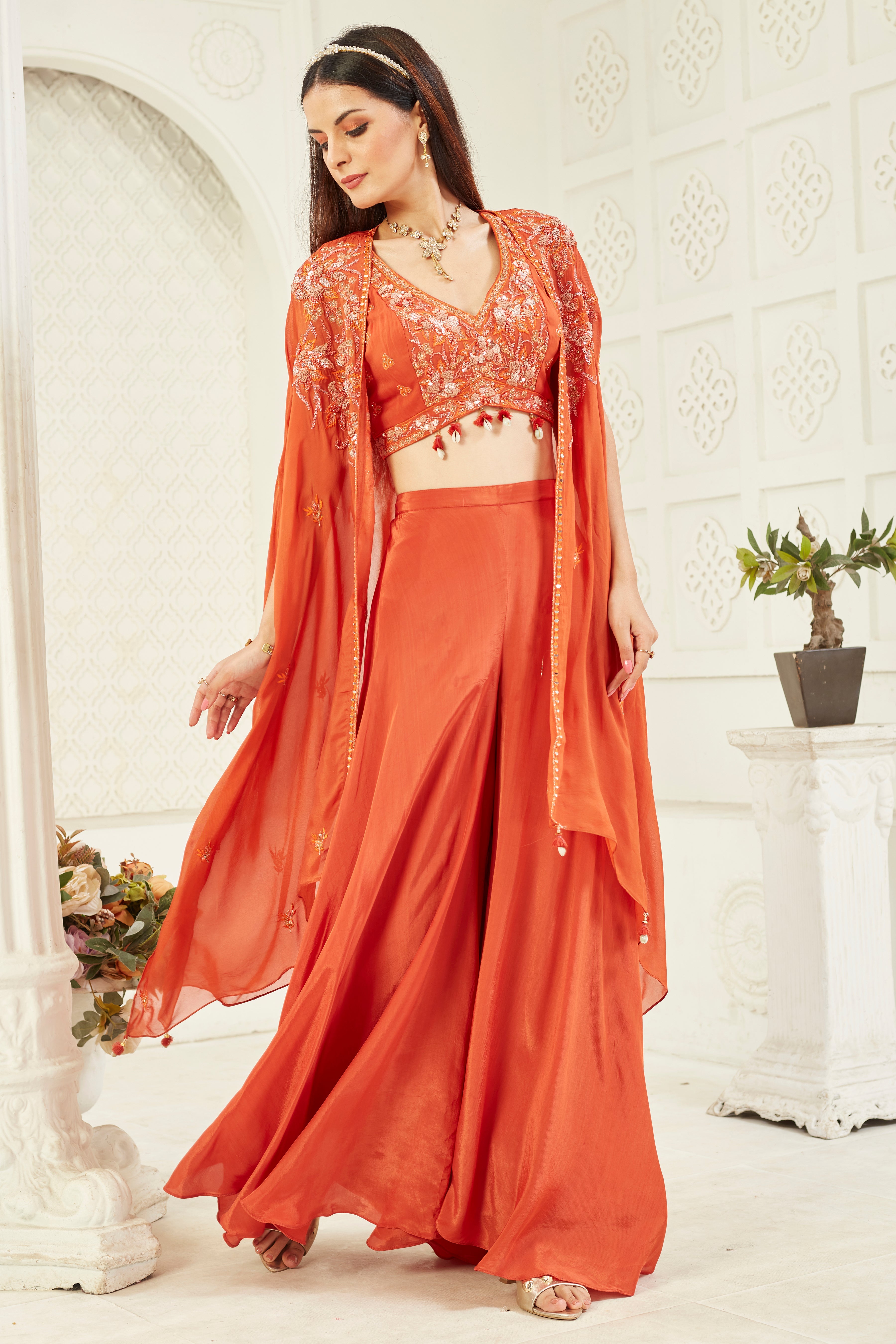 Rustic Red Embellished Georgette Silk Cape Set