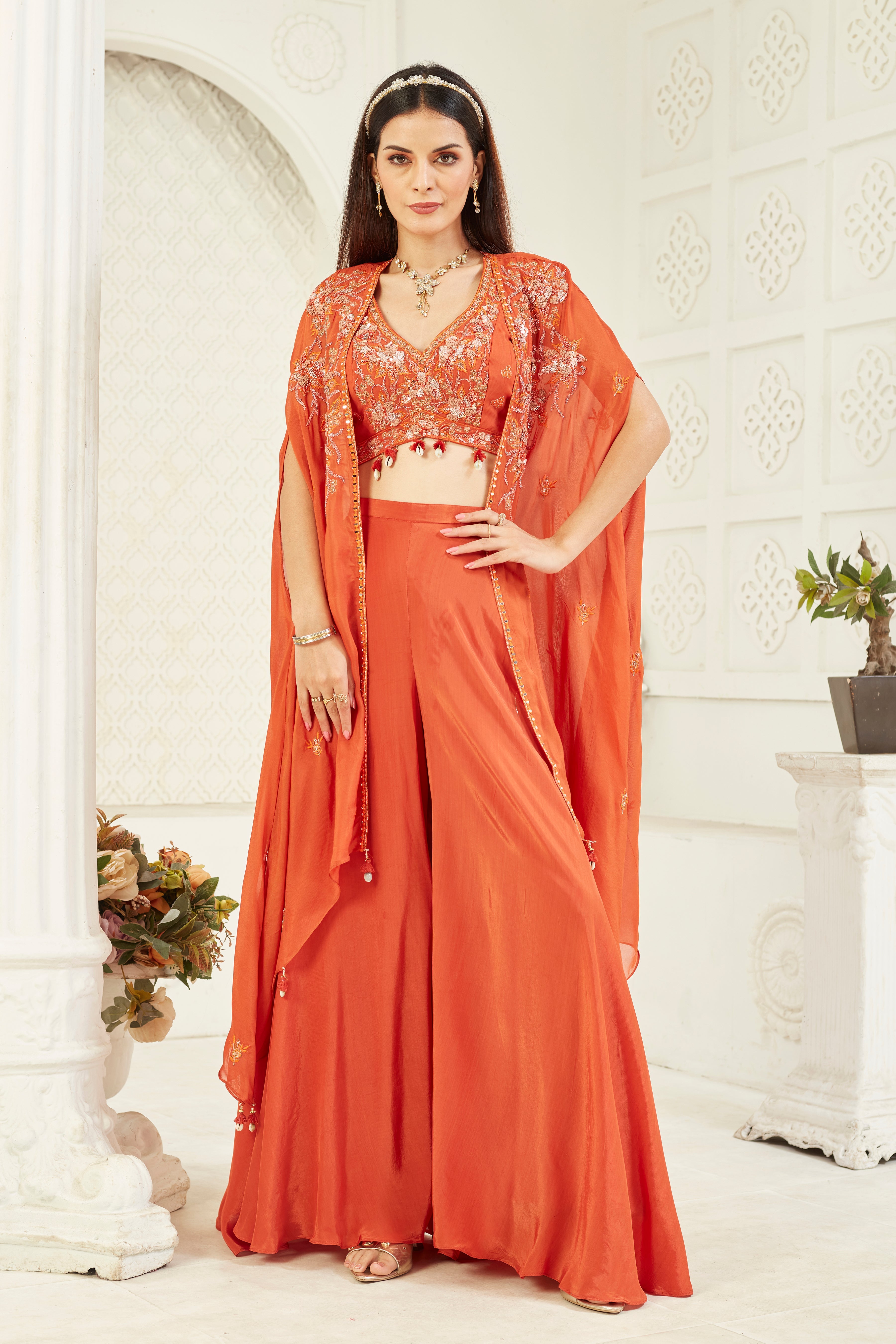 Rustic Red Embellished Georgette Silk Cape Set
