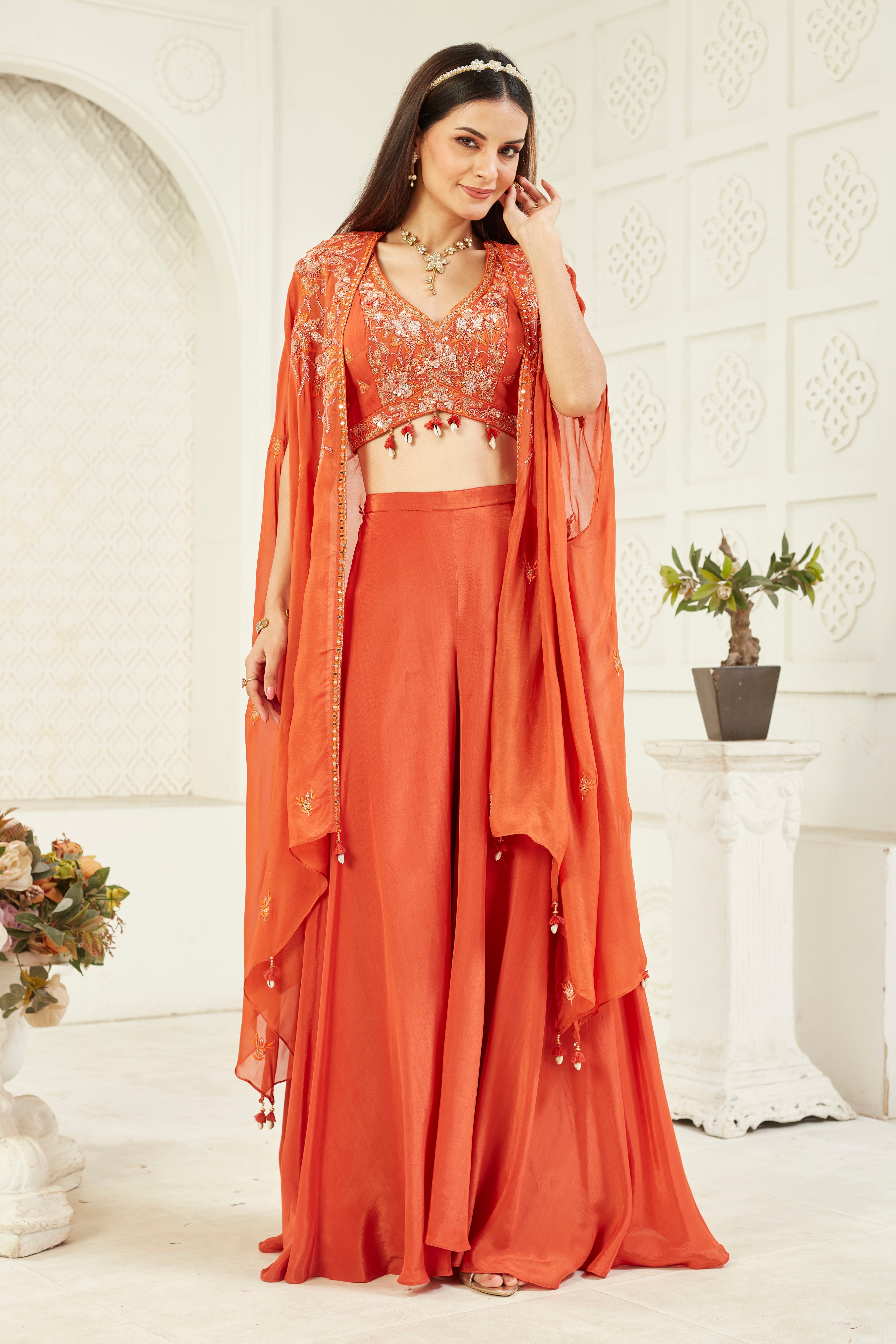 Rustic Red Embellished Georgette Silk Cape Set