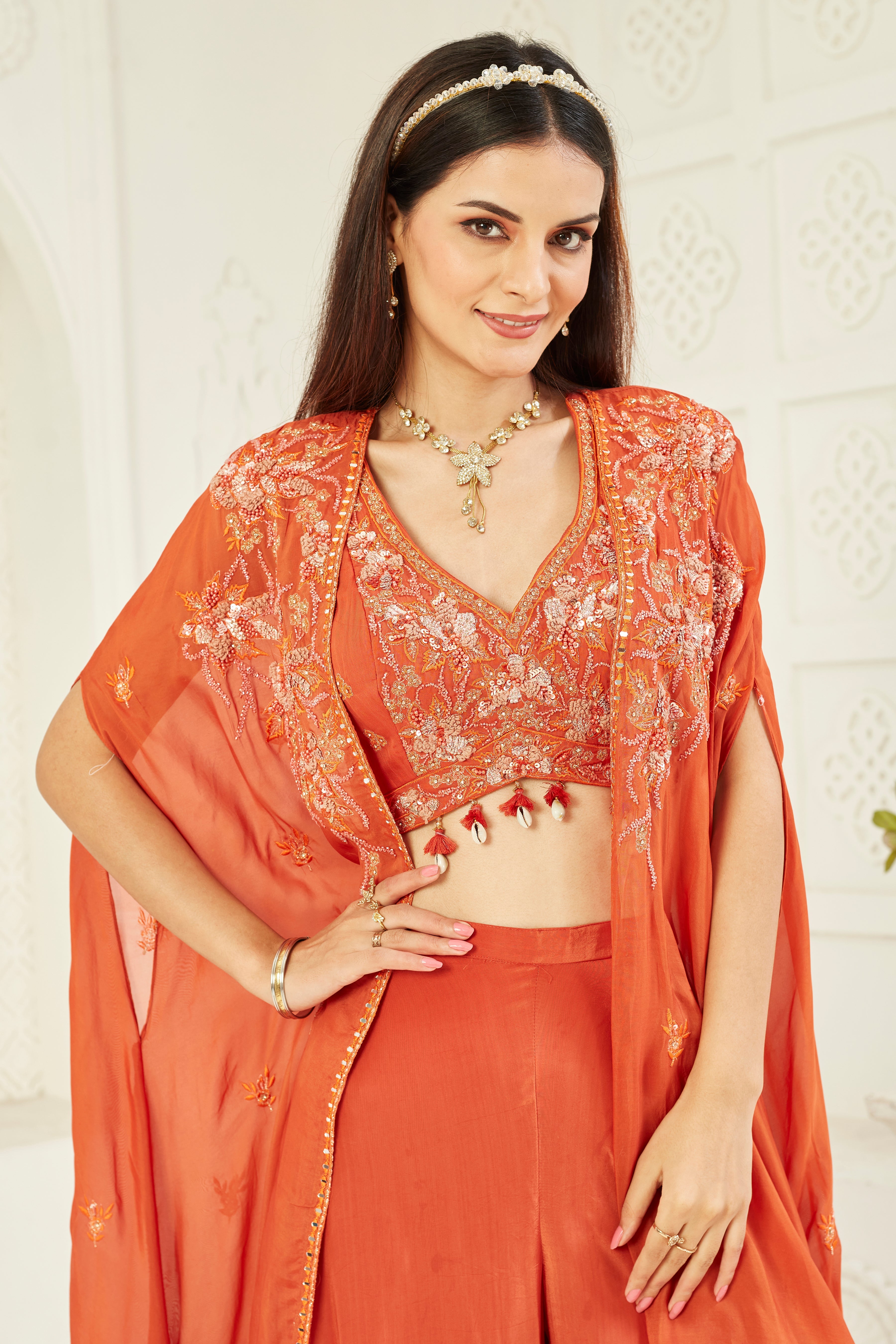 Rustic Red Embellished Georgette Silk Cape Set