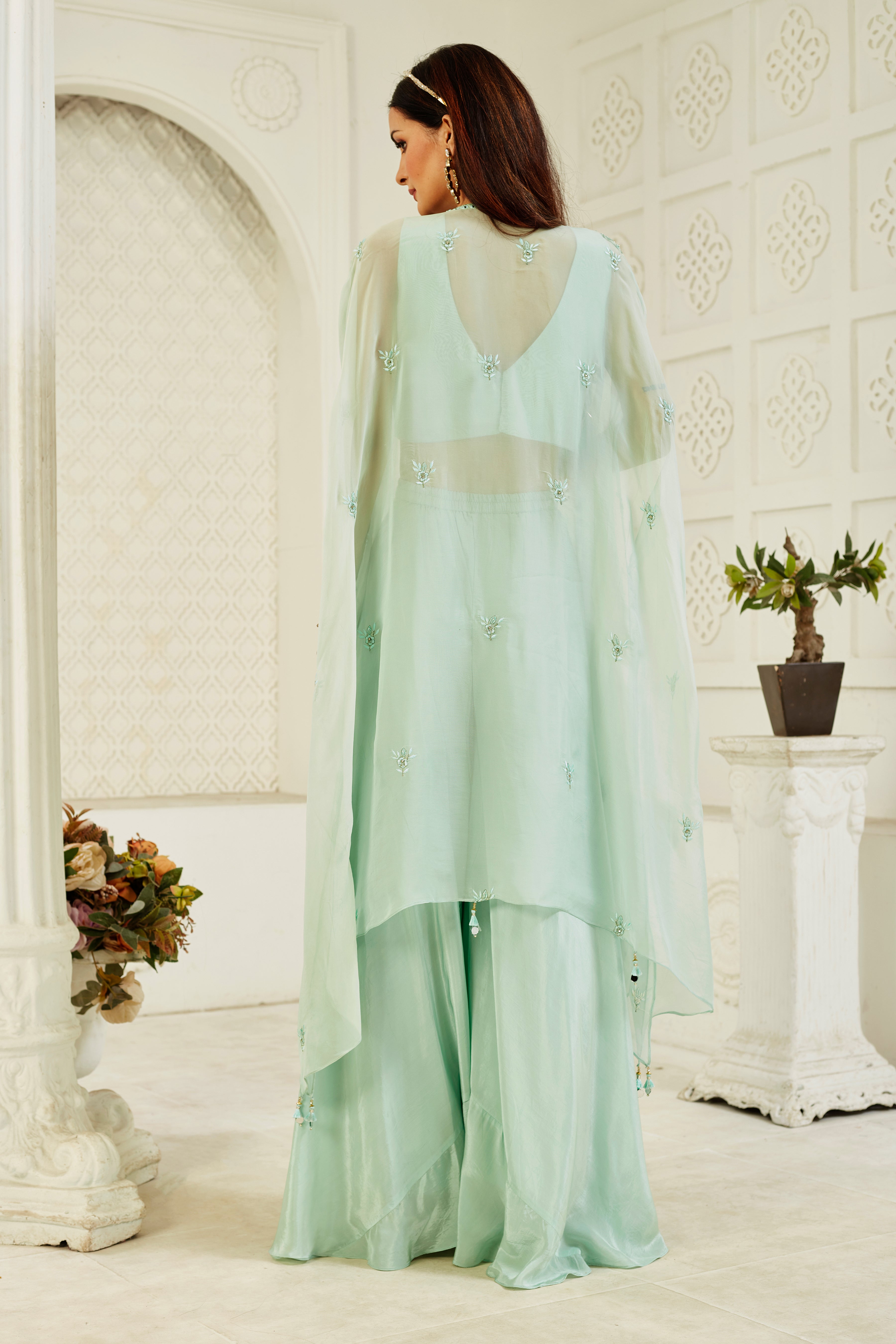 Turquoise Embellished Georgette Silk Cape Set