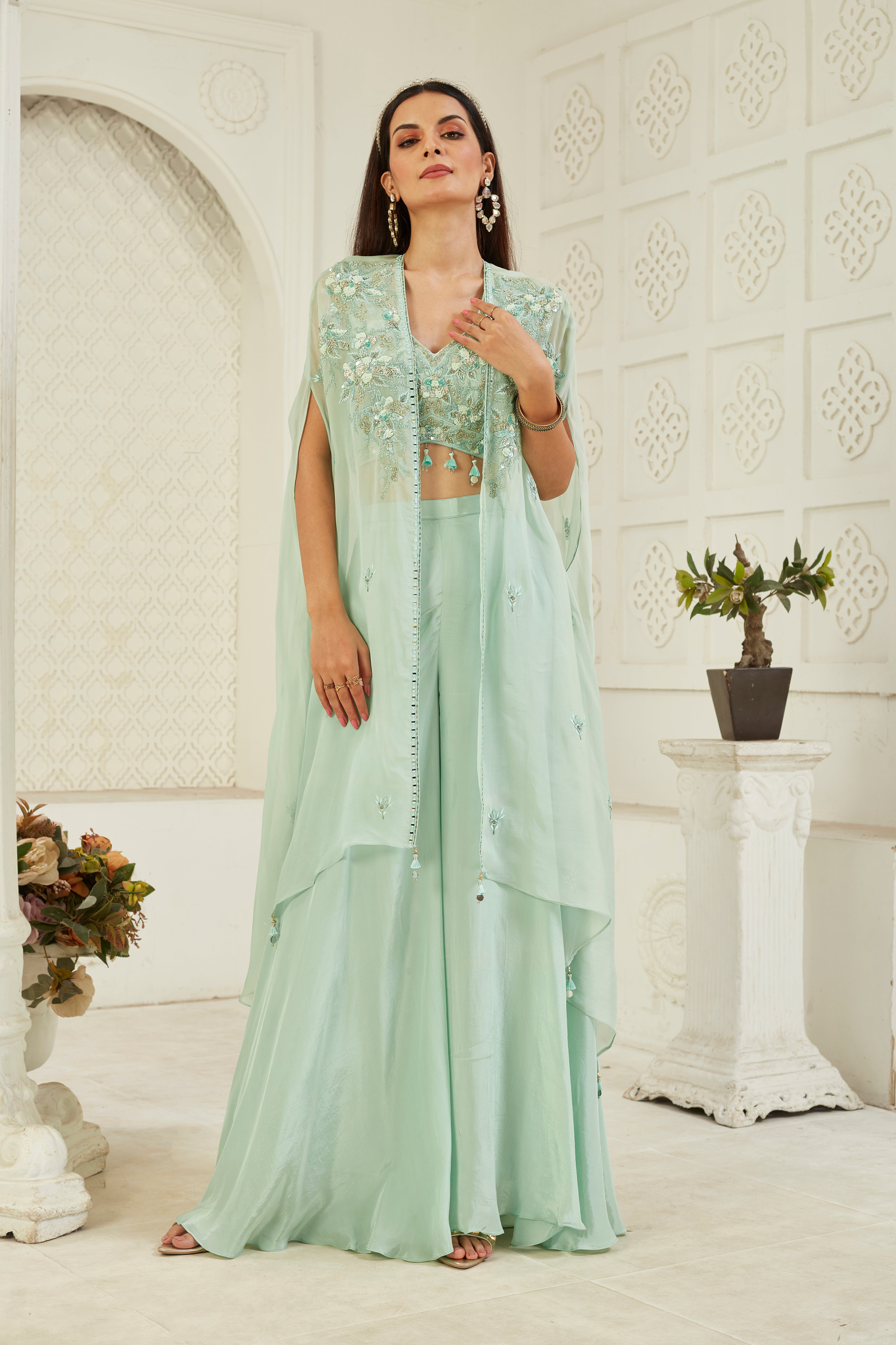 Turquoise Embellished Georgette Silk Cape Set