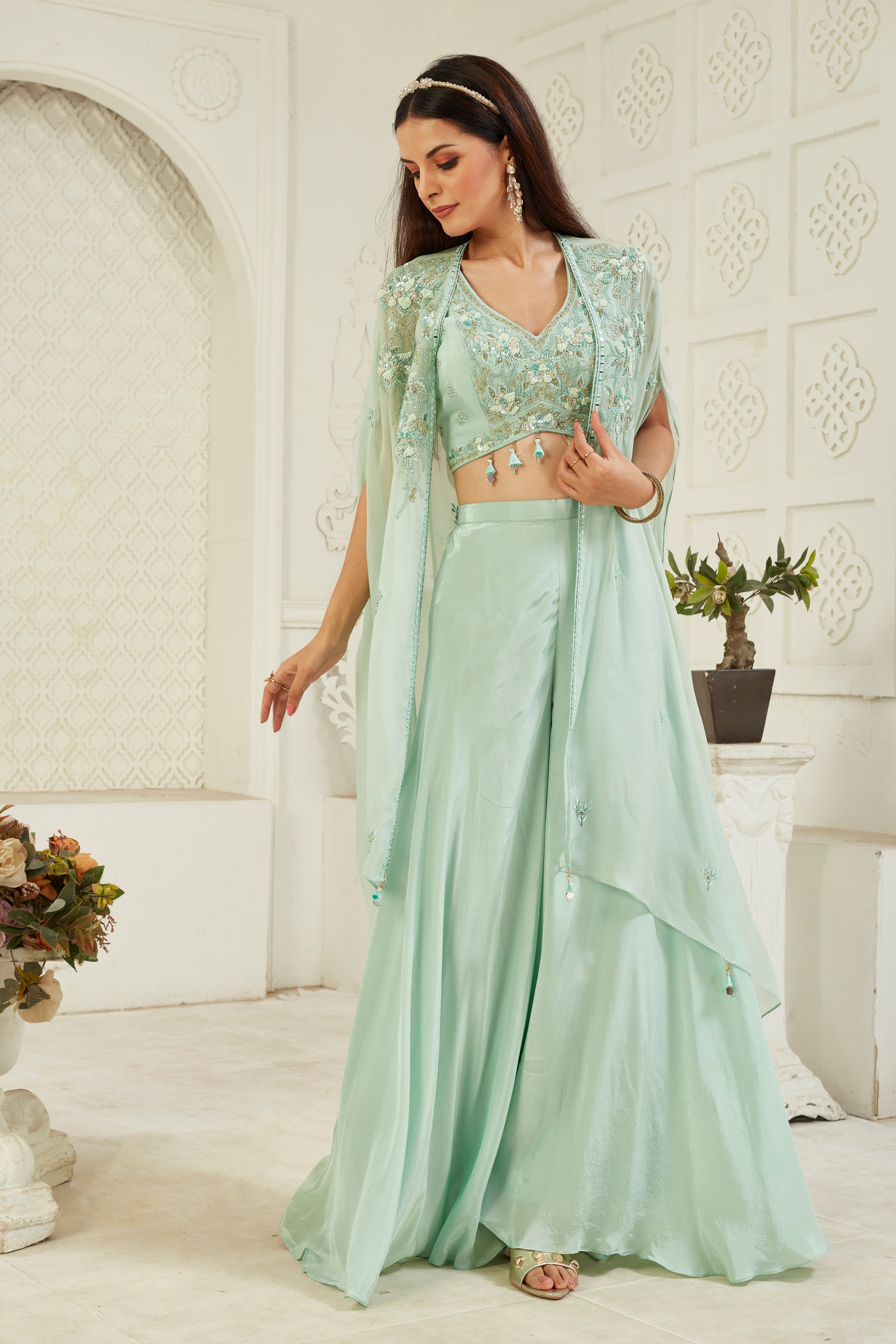 Turquoise Embellished Georgette Silk Cape Set