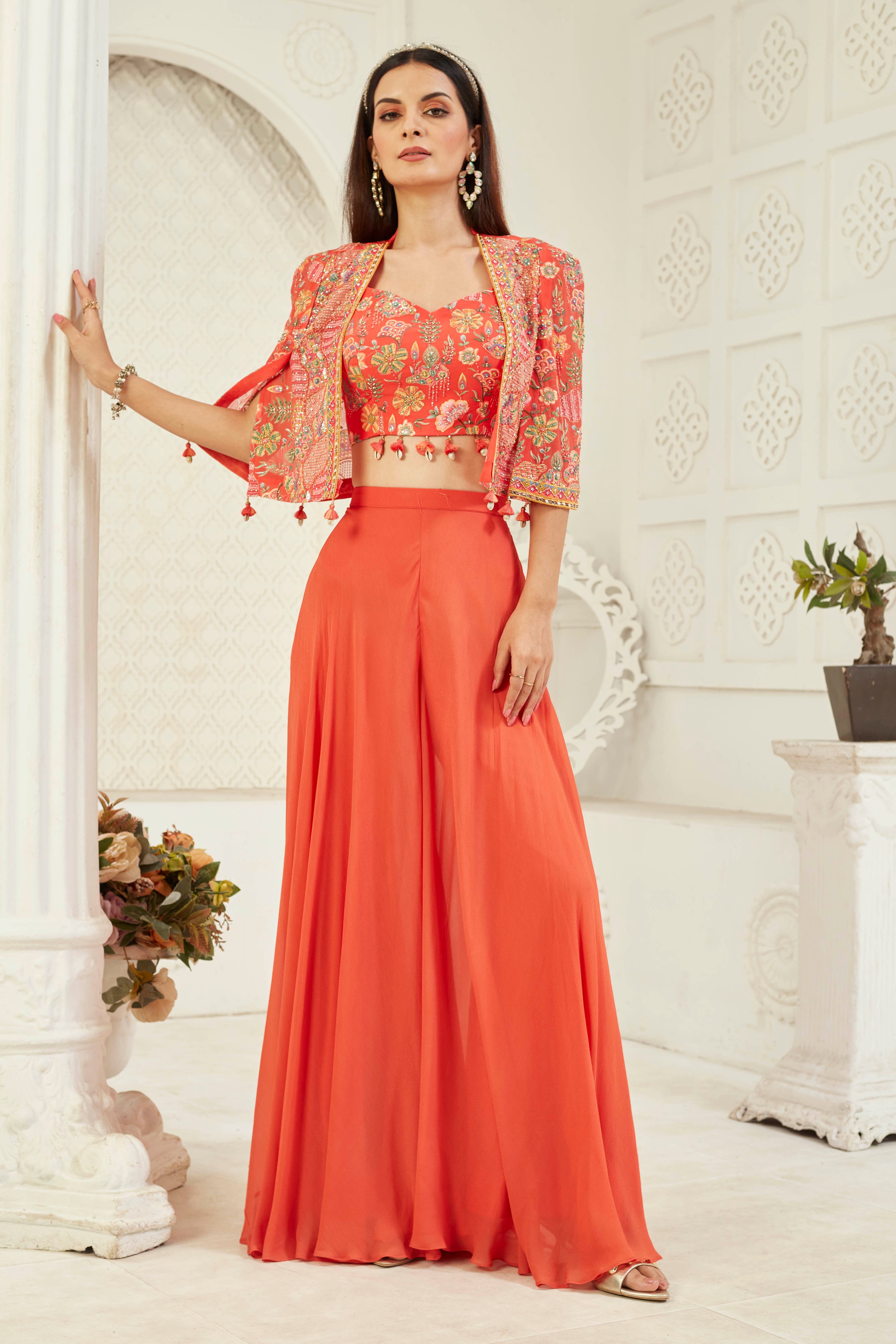 Floral Orange Embellished Georgette Silk Cape Set