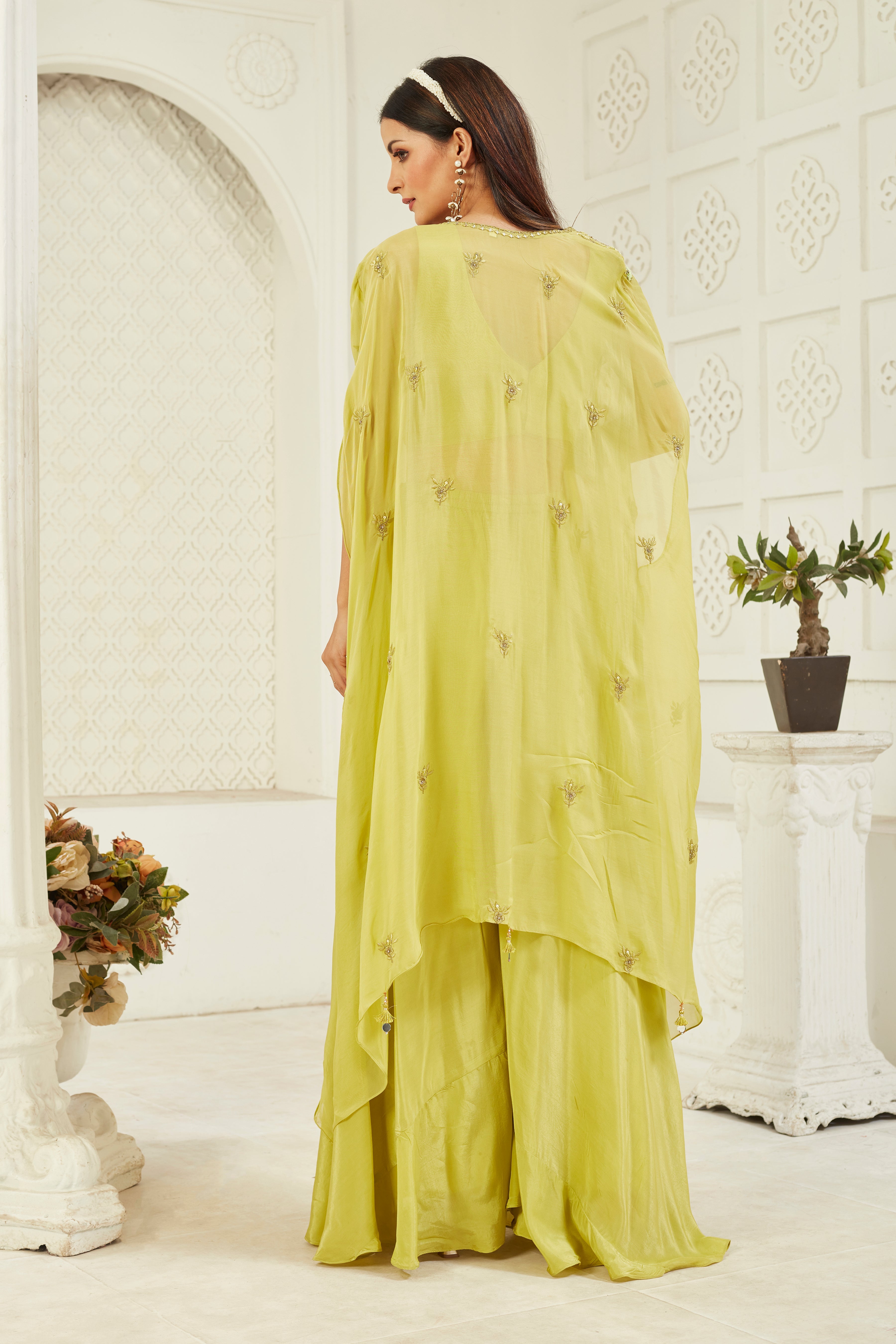 Green Embellished Georgette Silk Cape Set