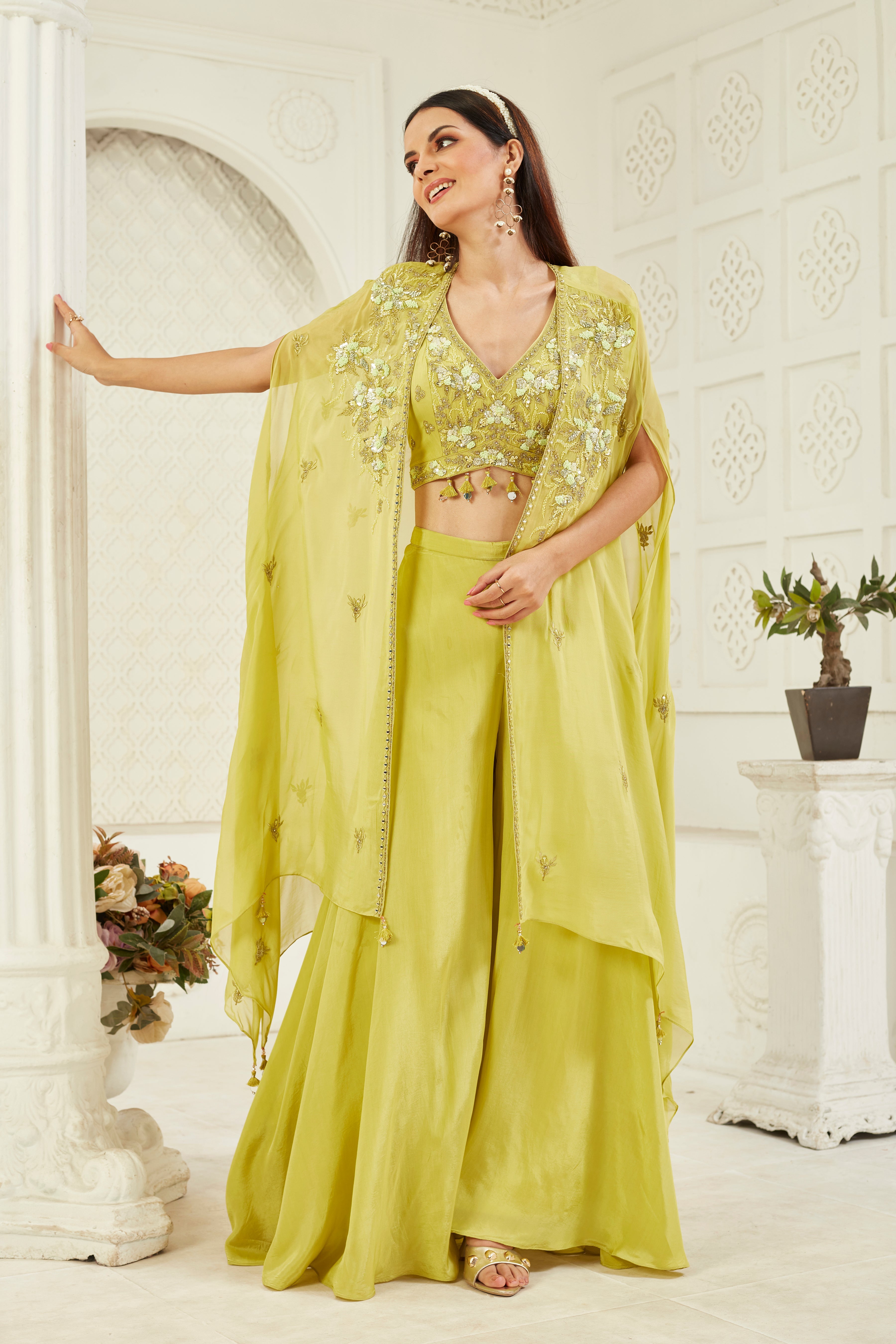 Green Embellished Georgette Silk Cape Set