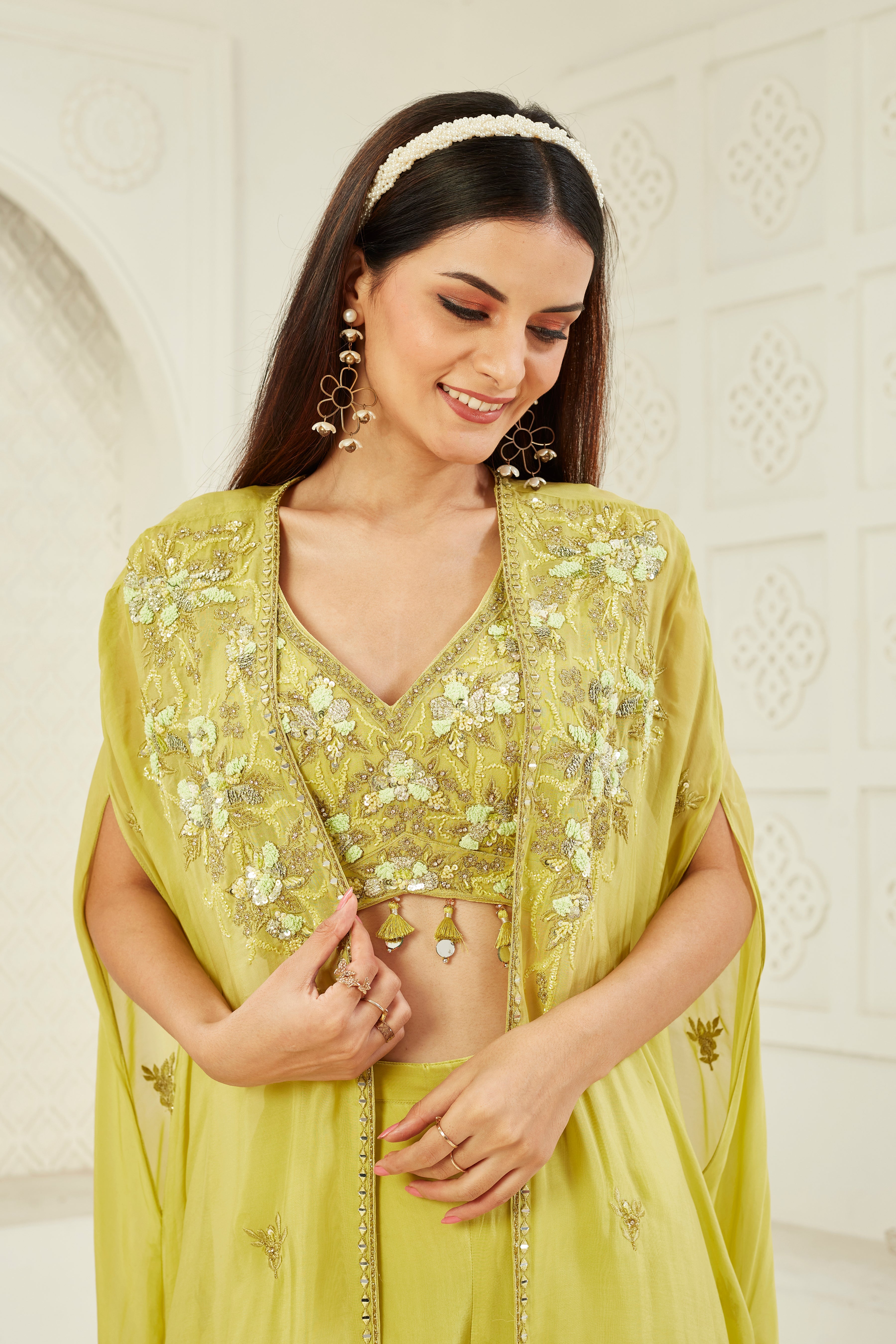 Green Embellished Georgette Silk Cape Set