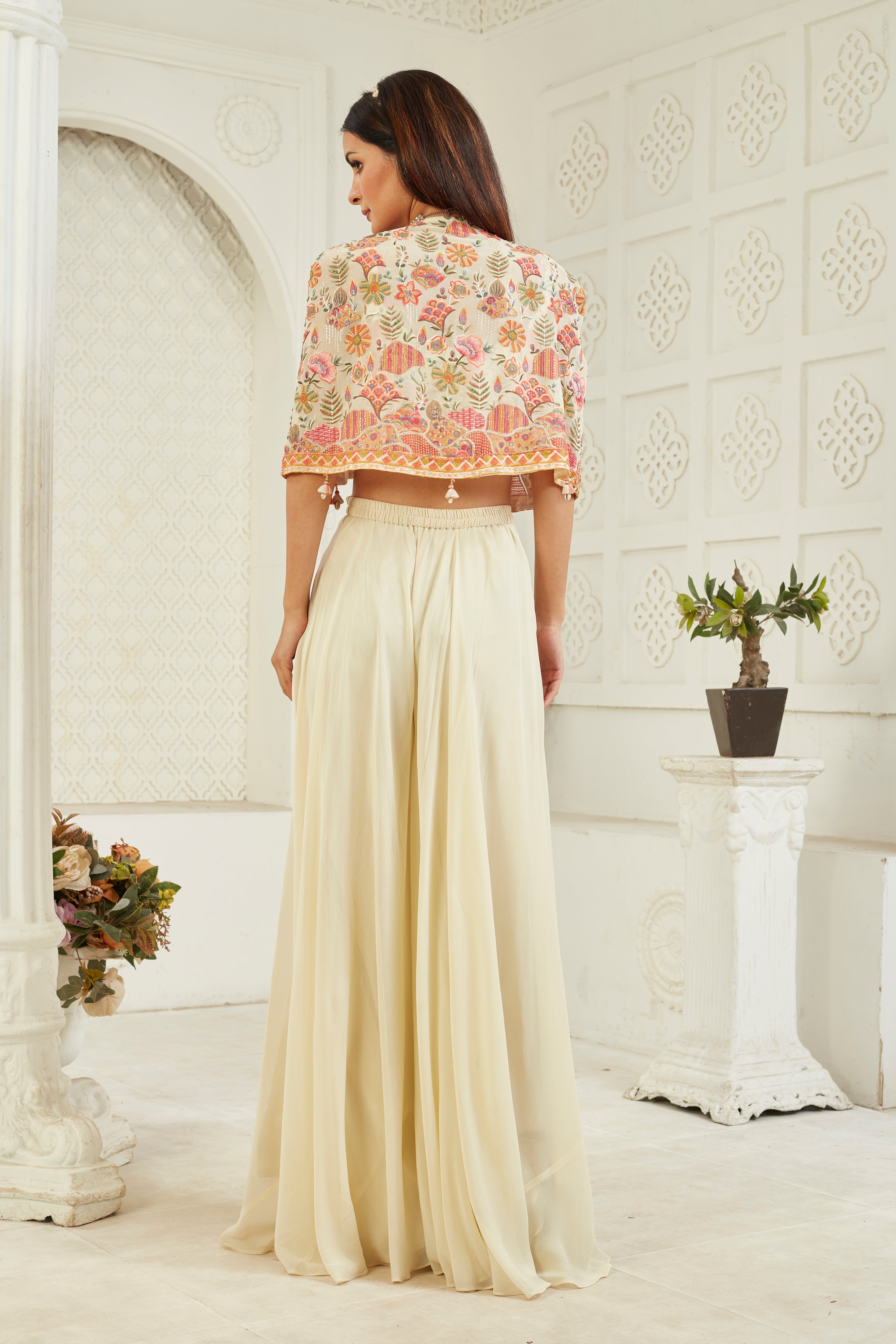 Floral Cream Embellished Georgette Silk Cape Set