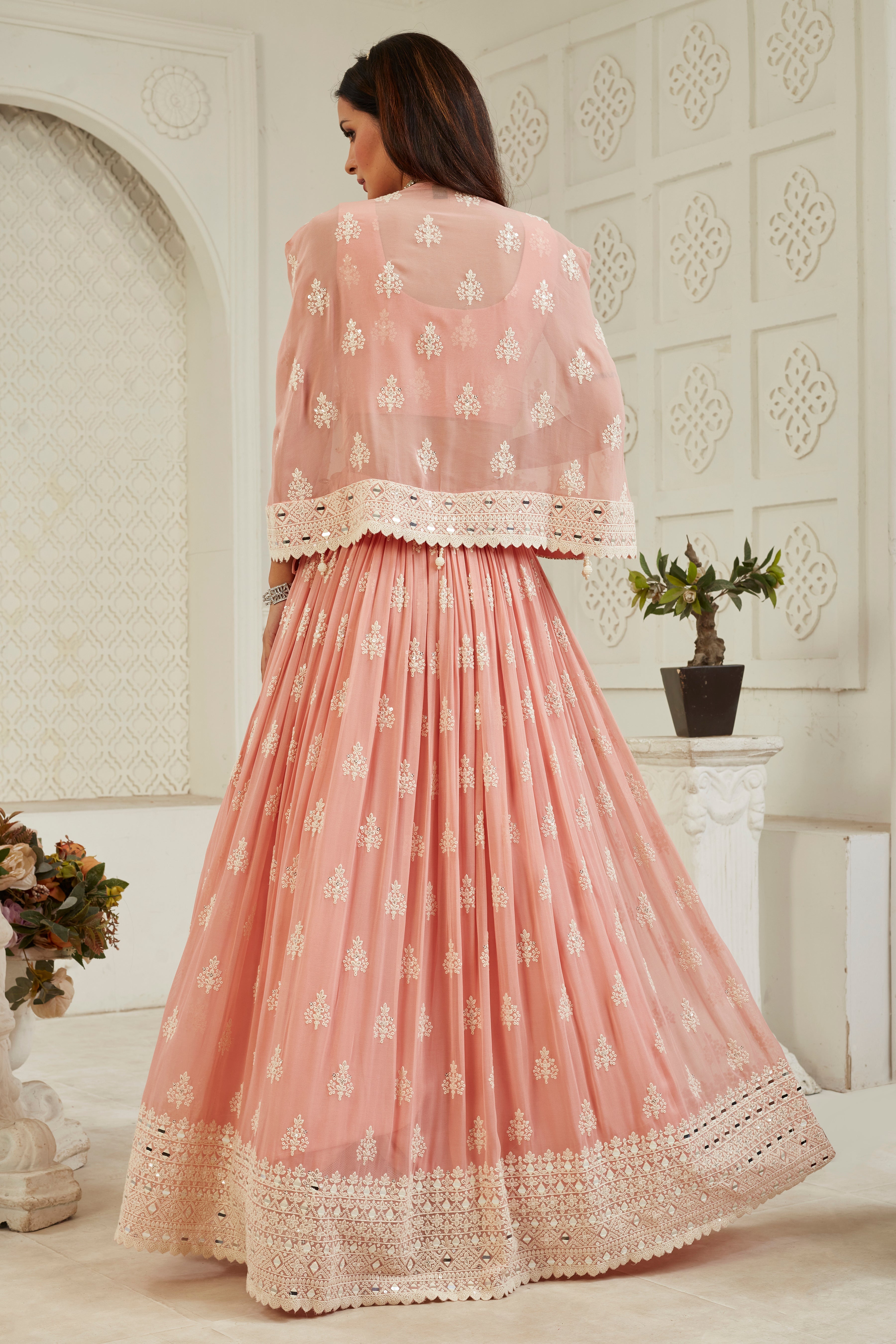 Pastel Pink Handwork Georgette Silk Lehenga Set