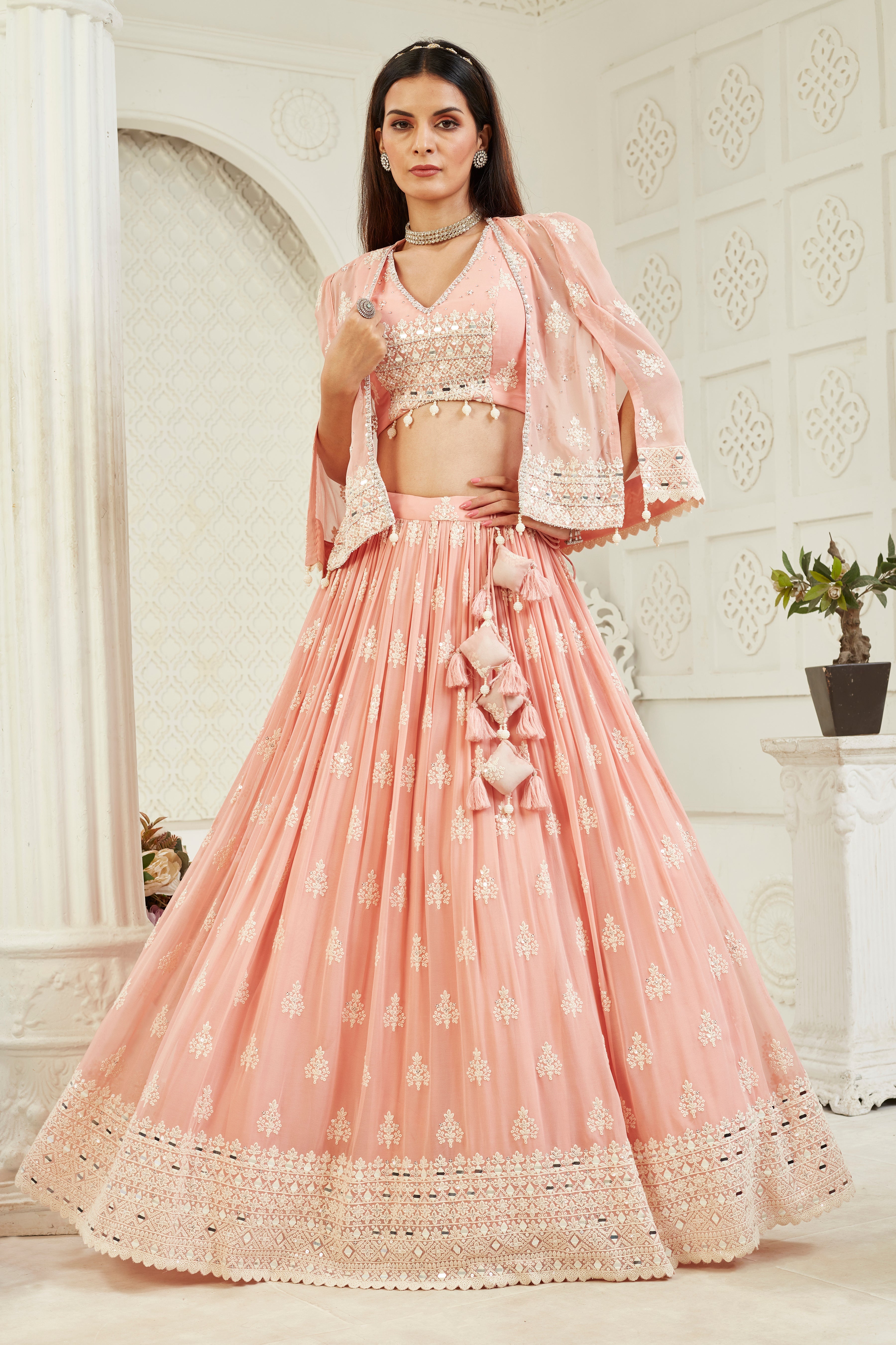 Pastel Pink Handwork Georgette Silk Lehenga Set