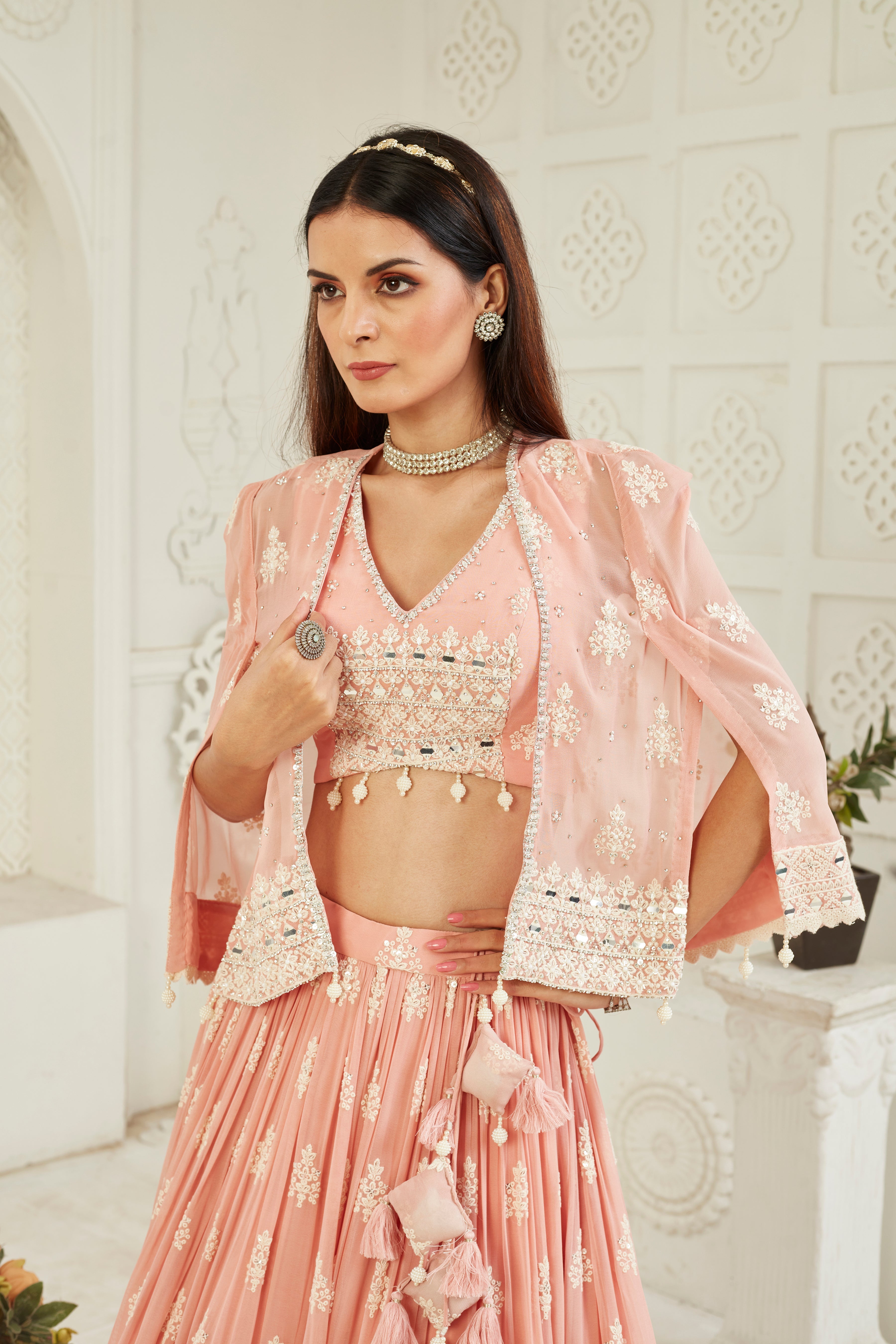 Pastel Pink Handwork Georgette Silk Lehenga Set