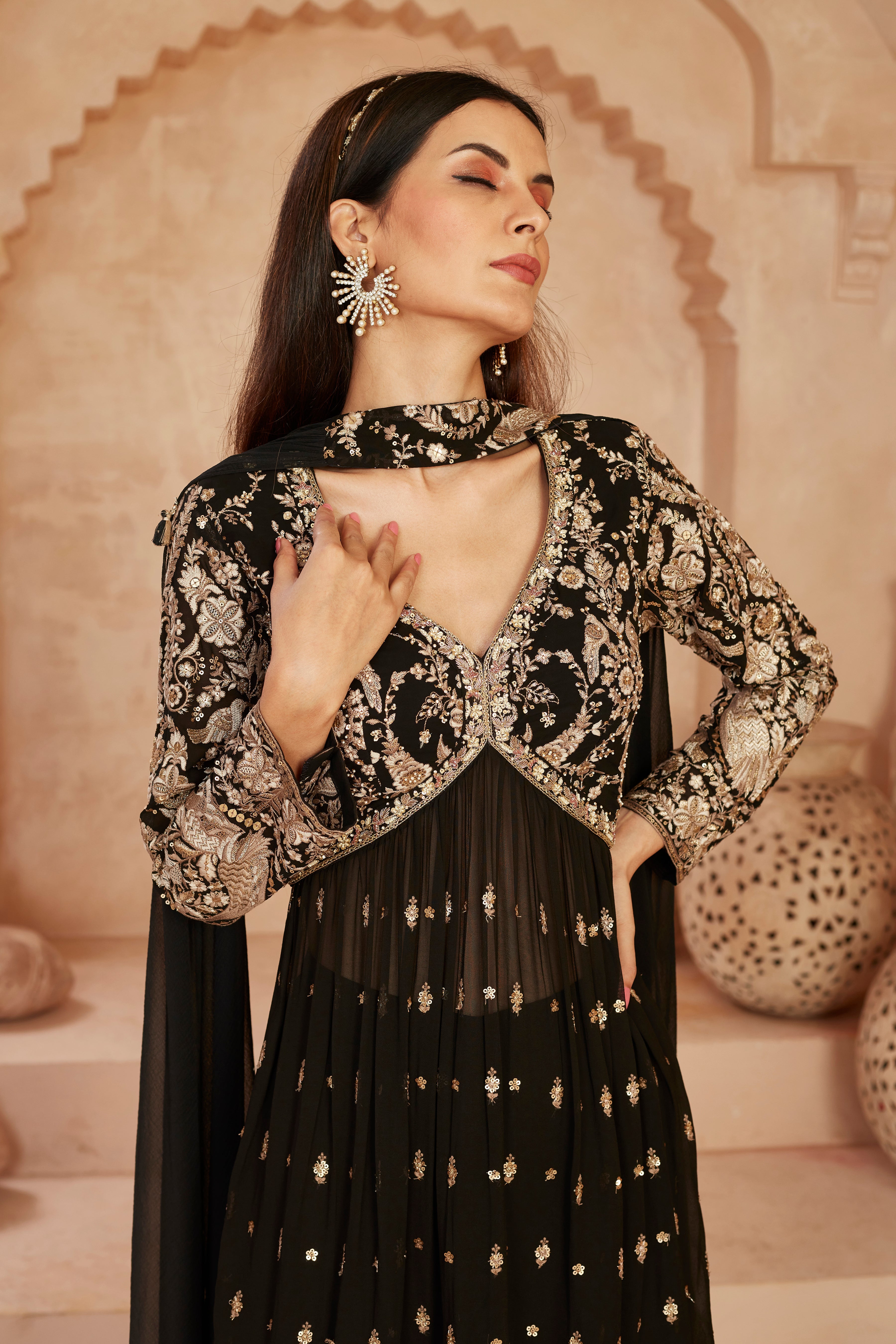 Black Golden Tissue Glass Silk Palazzo Set