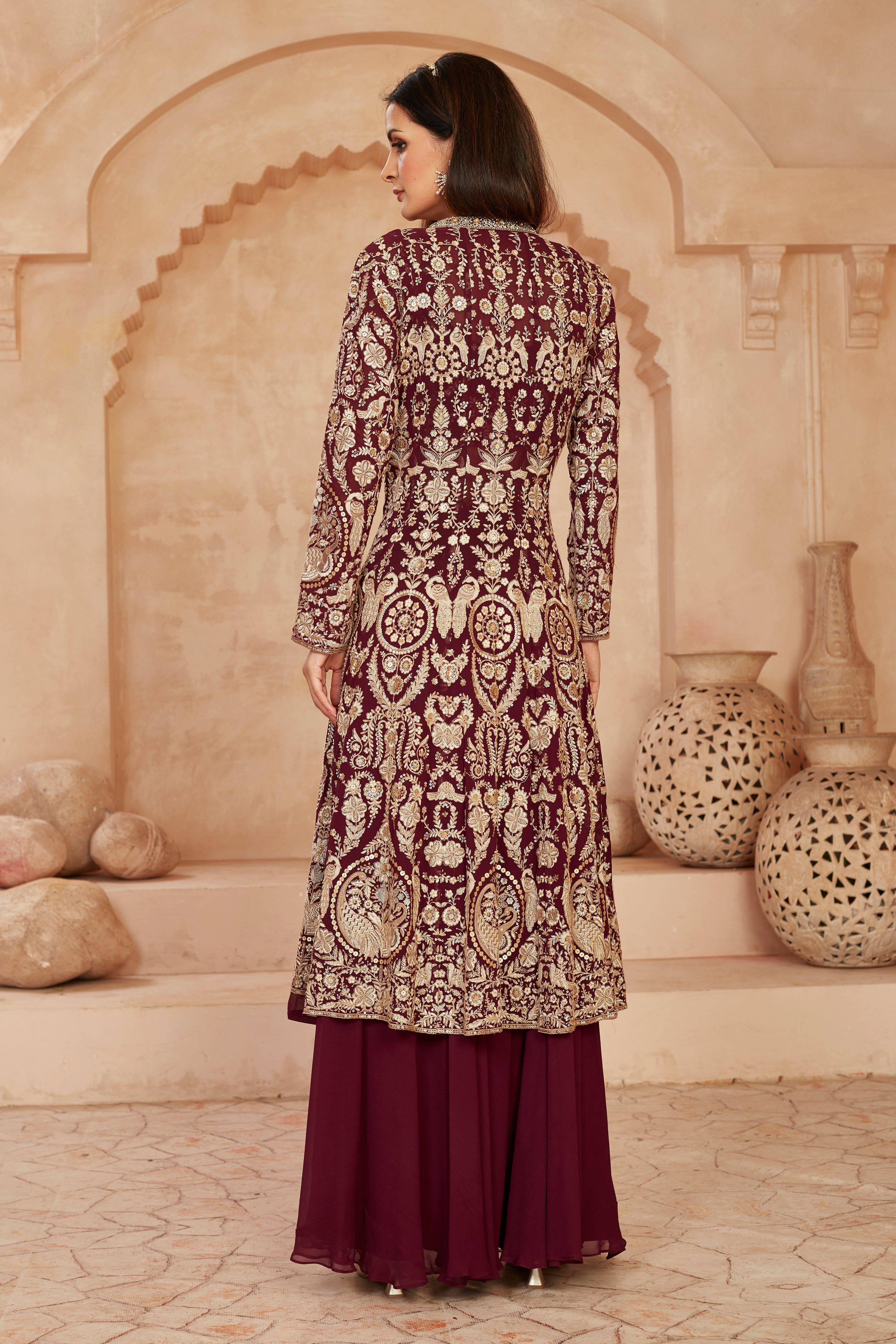 Wine Embellished Georgette Silk Cape Set
