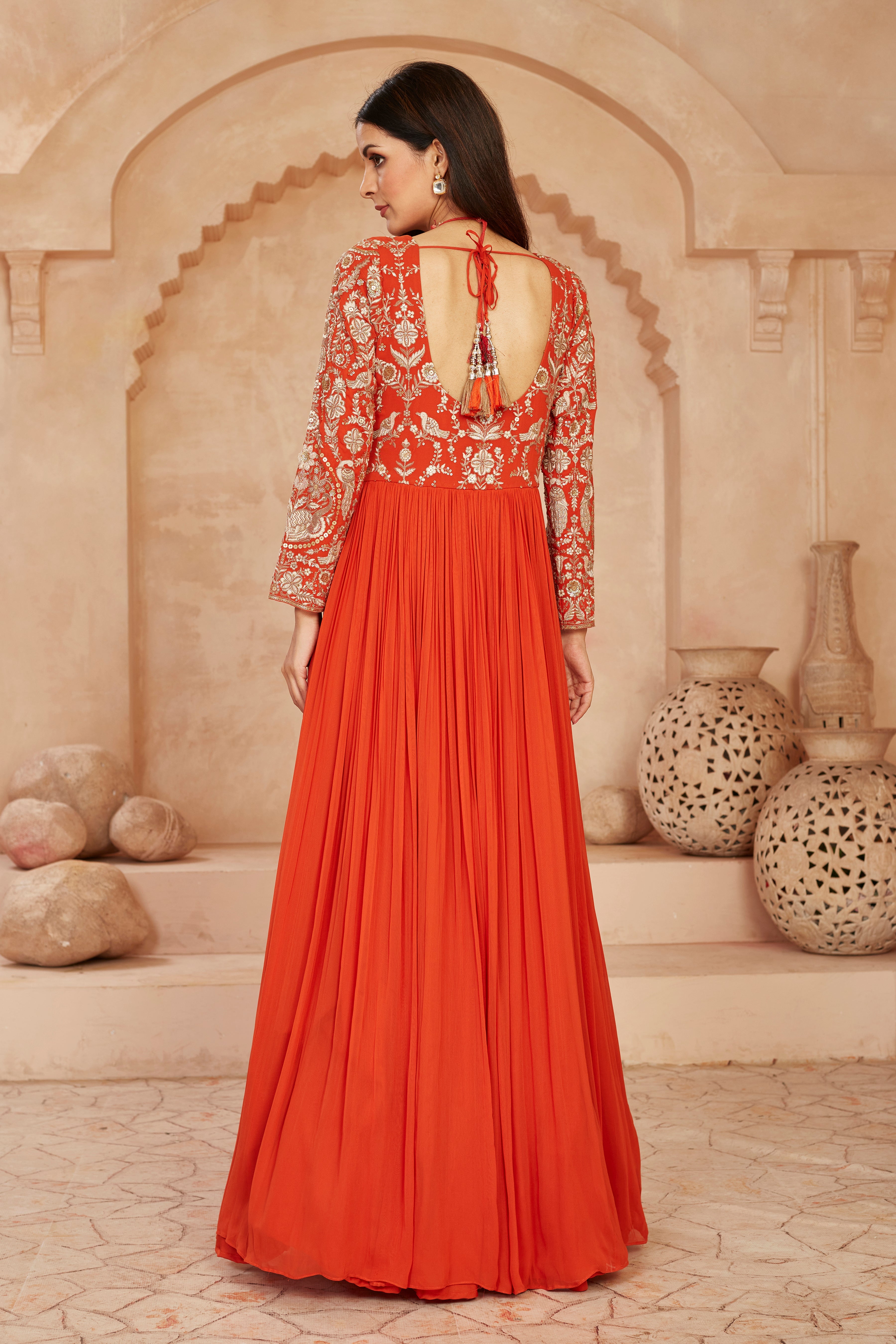 Orange Floral Embroidered Georgette Silk Anarkali Set