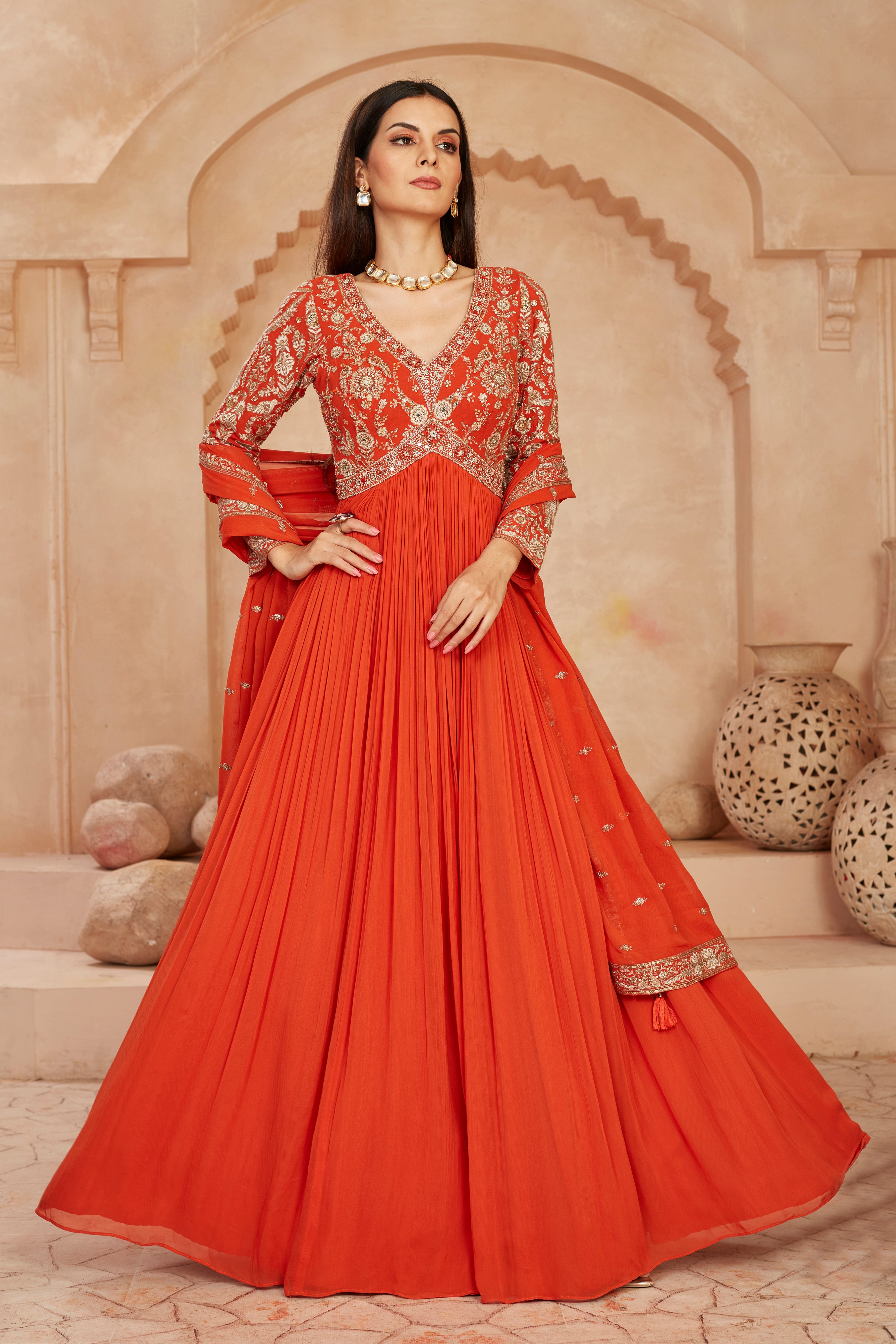 Orange Floral Embroidered Georgette Silk Anarkali Set