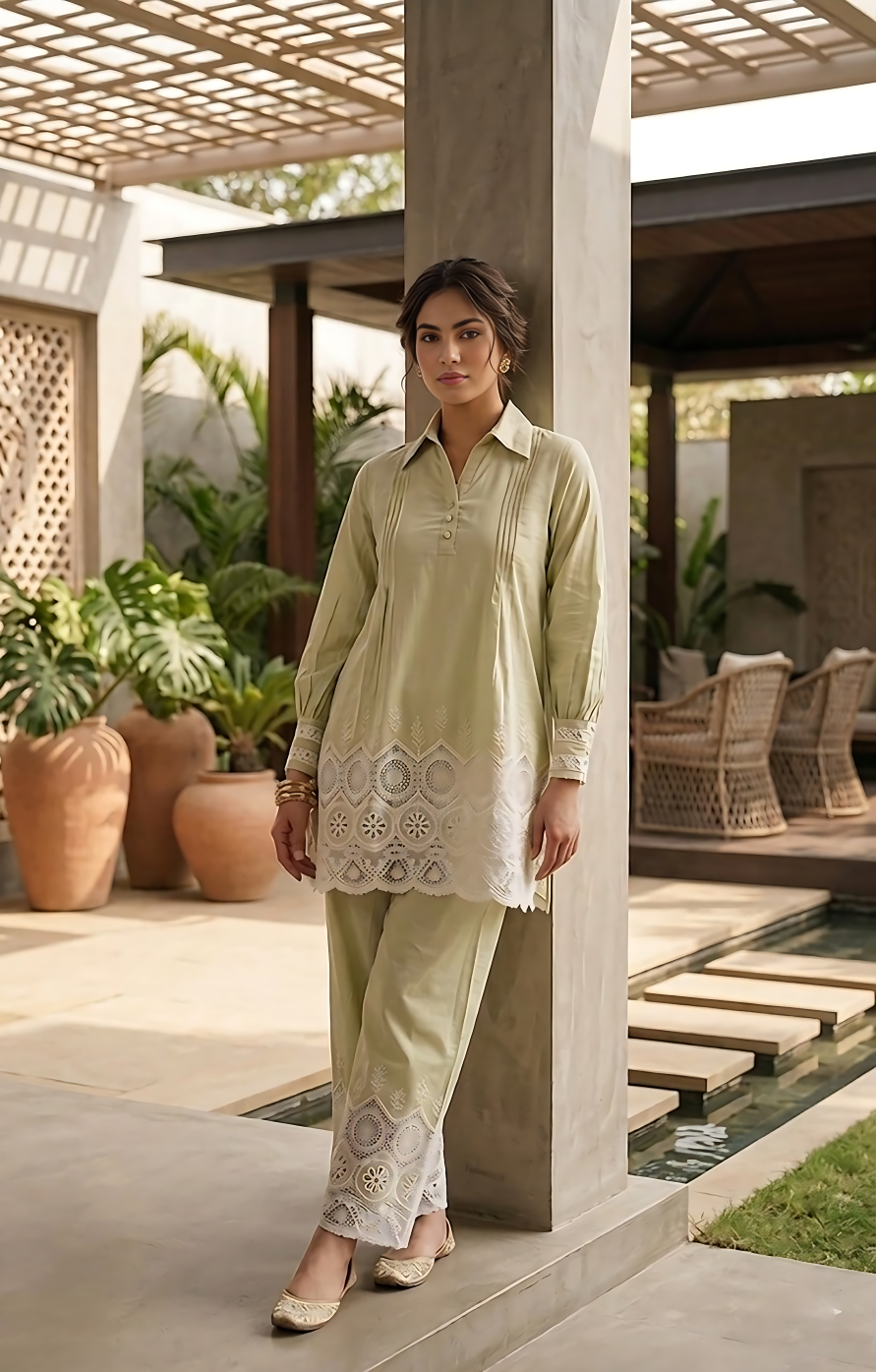 Pistachio Embroidered Cotton Co-Ord Set