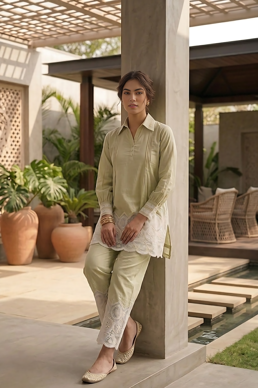 Pistachio Embroidered Cotton Co-Ord Set