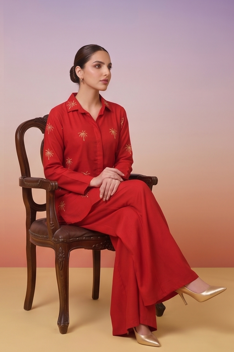 Rust Red Embellished Crepe Silk Co-Ord Set