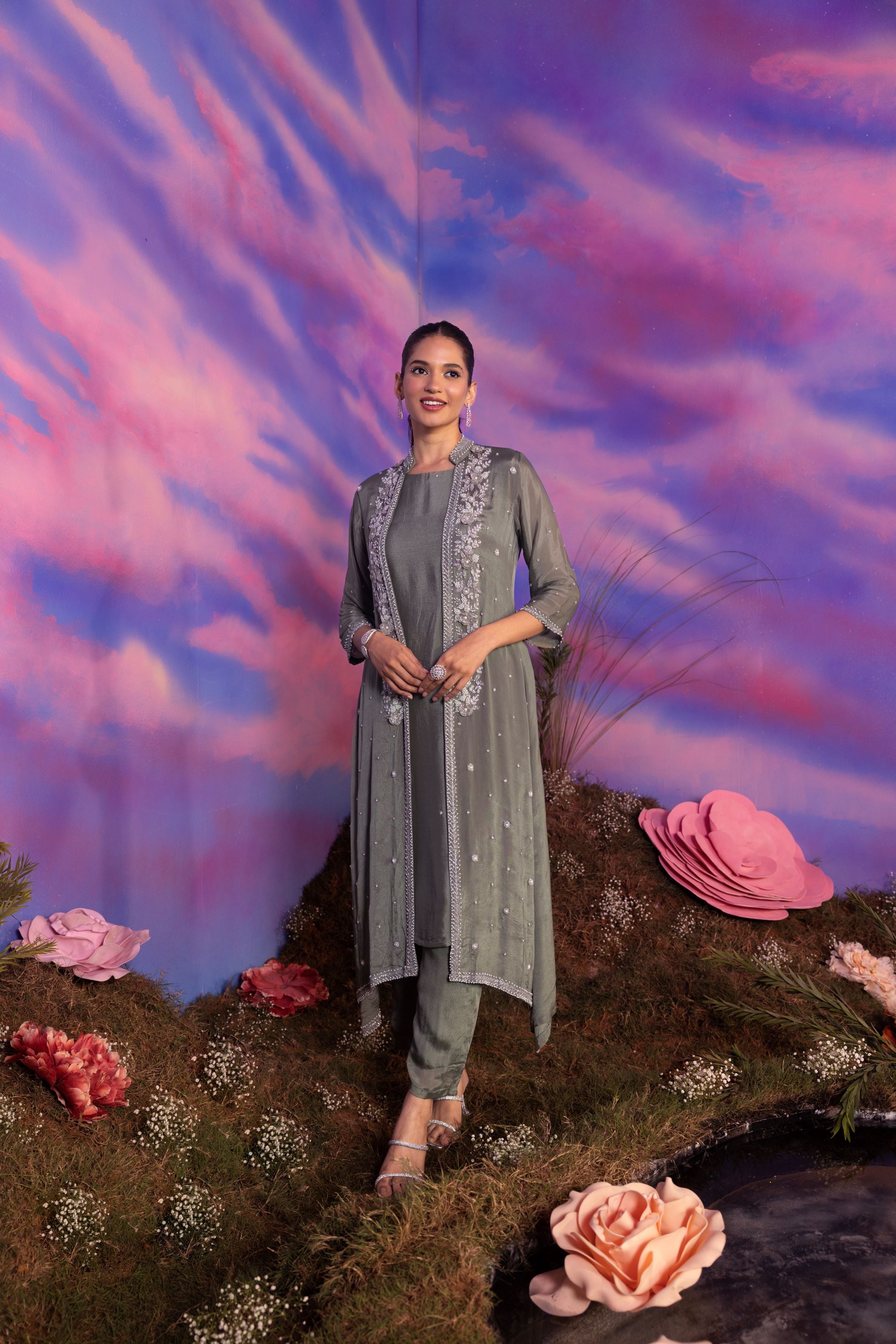 Sage Green Embellished Chinon Silk Pants Set