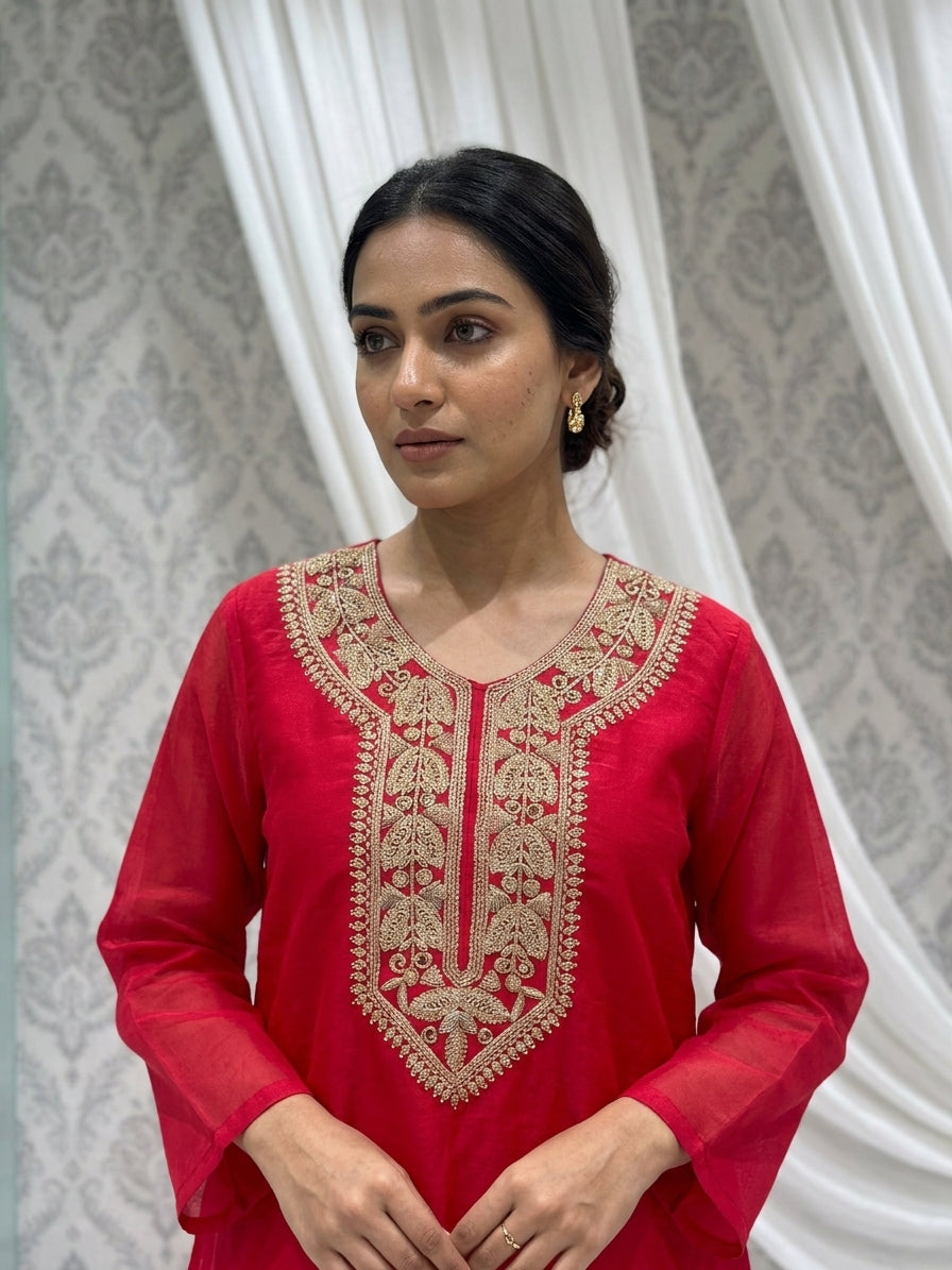 Red Scarlet Embroidered Organza Kurta Tunic