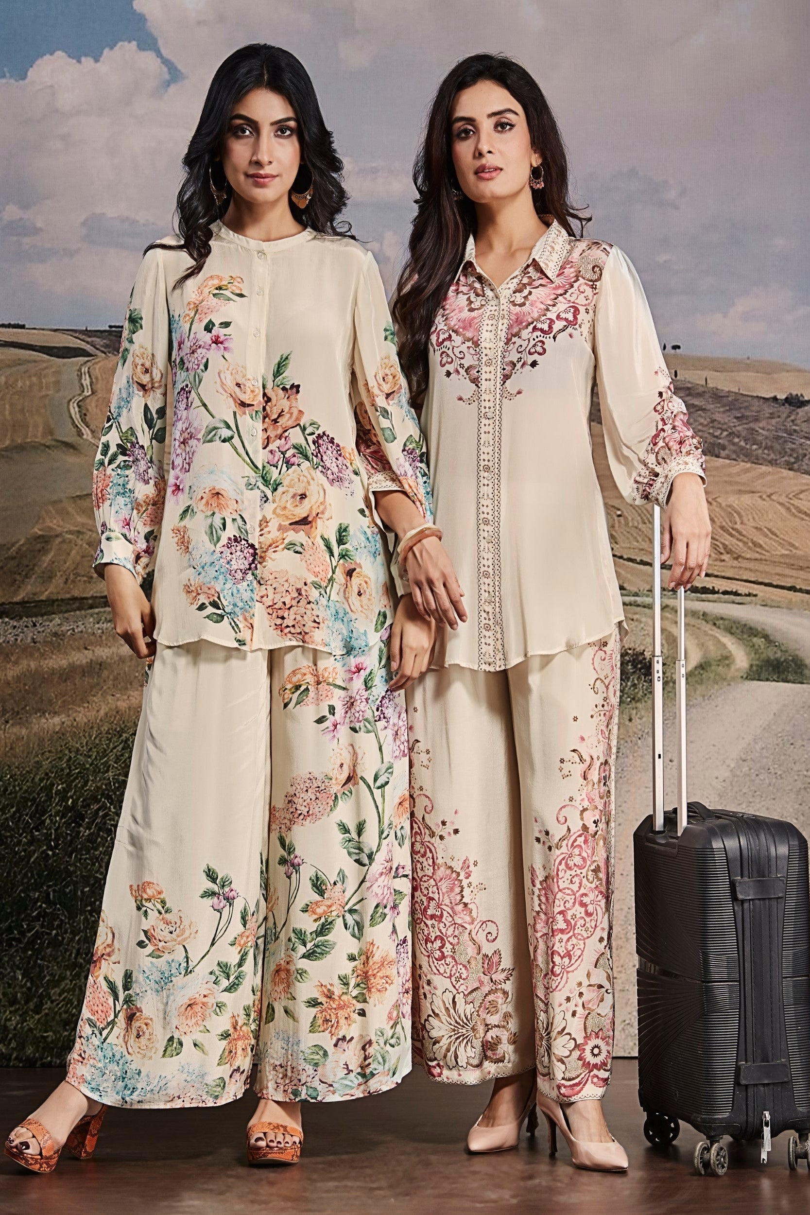 Pale Beige Printed Georgette Silk Co-Ord Set