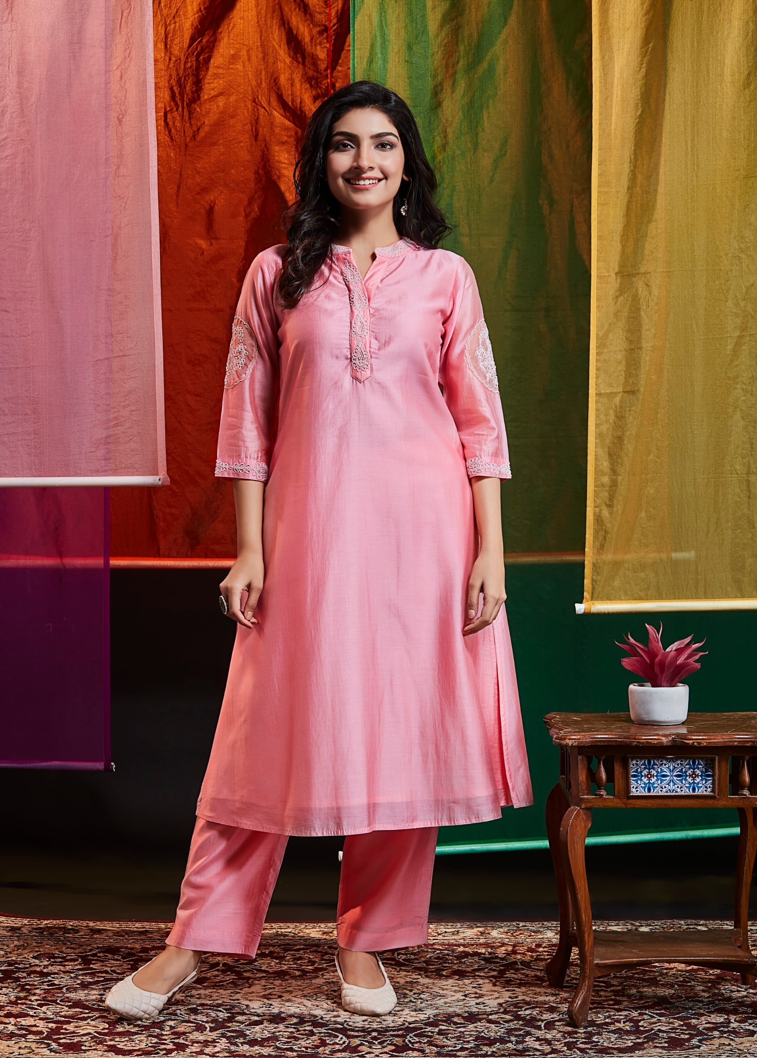 Blush Embellished Tussar Silk Kurta Set