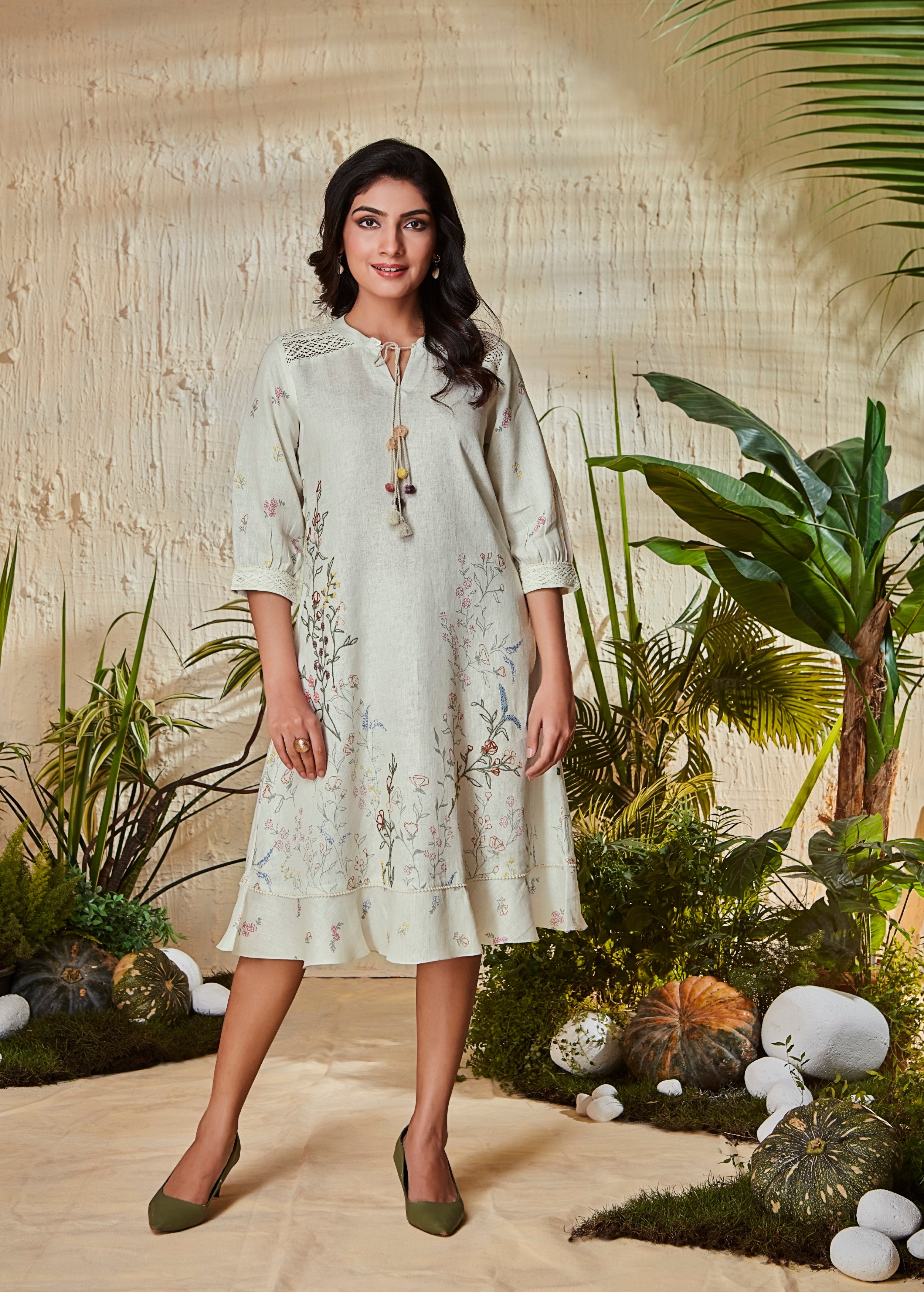 Light Cream Printed Organic Cotton Dress