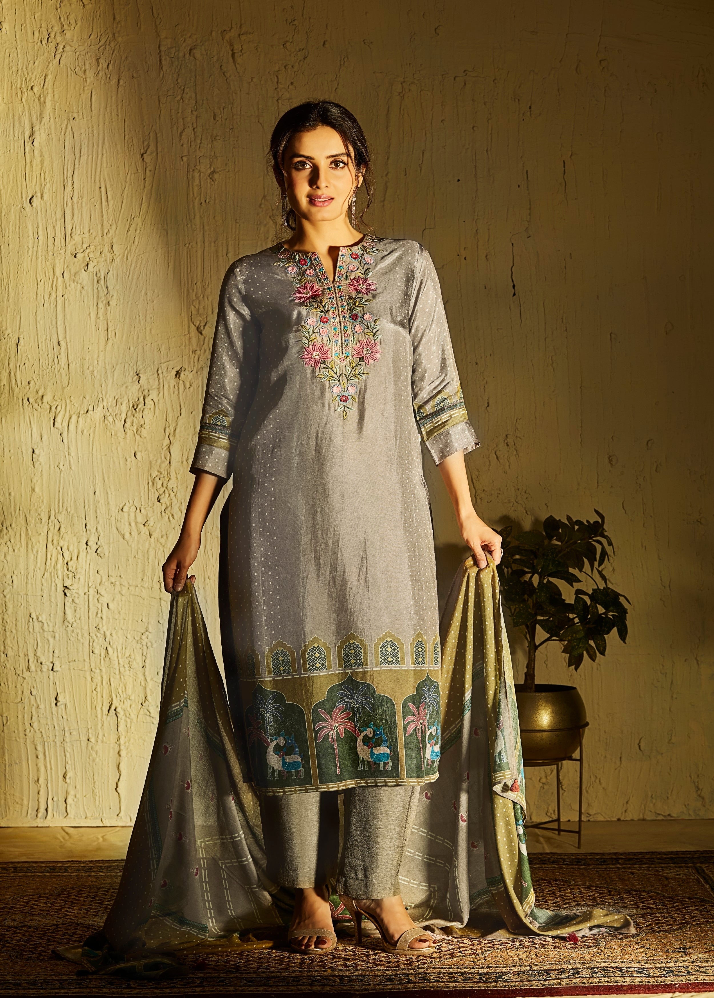 Elegant Grey Printed Muslin Silk Pant Set