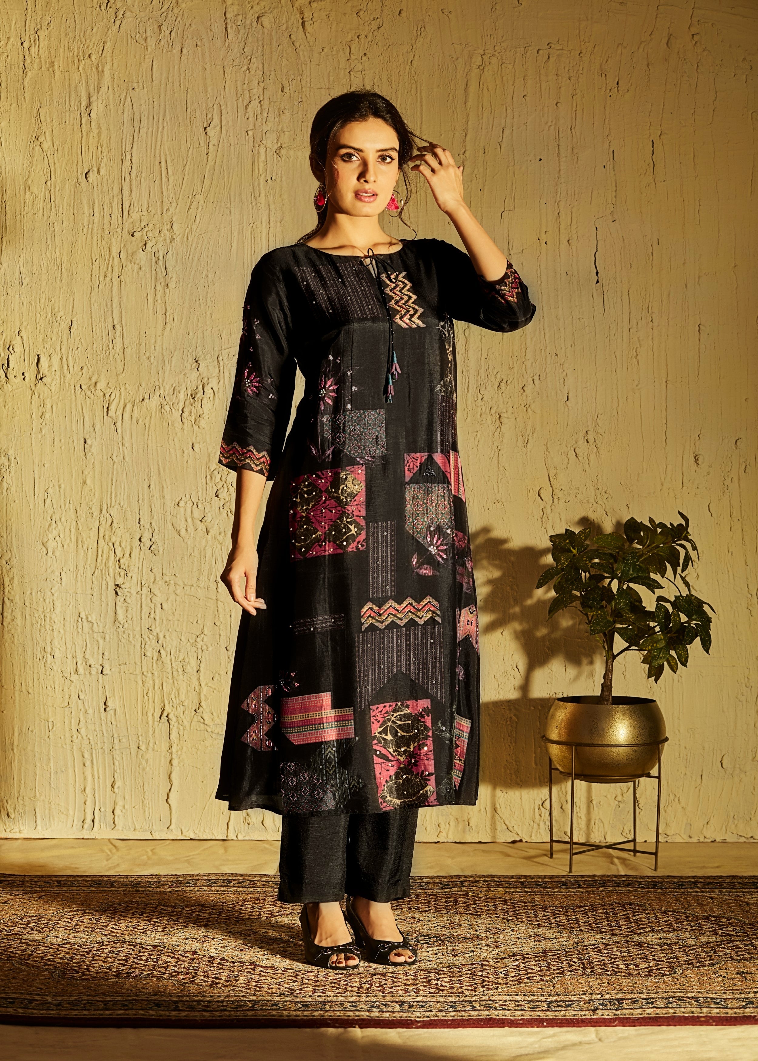 Classic Black Printed Muslin Silk Pant Set