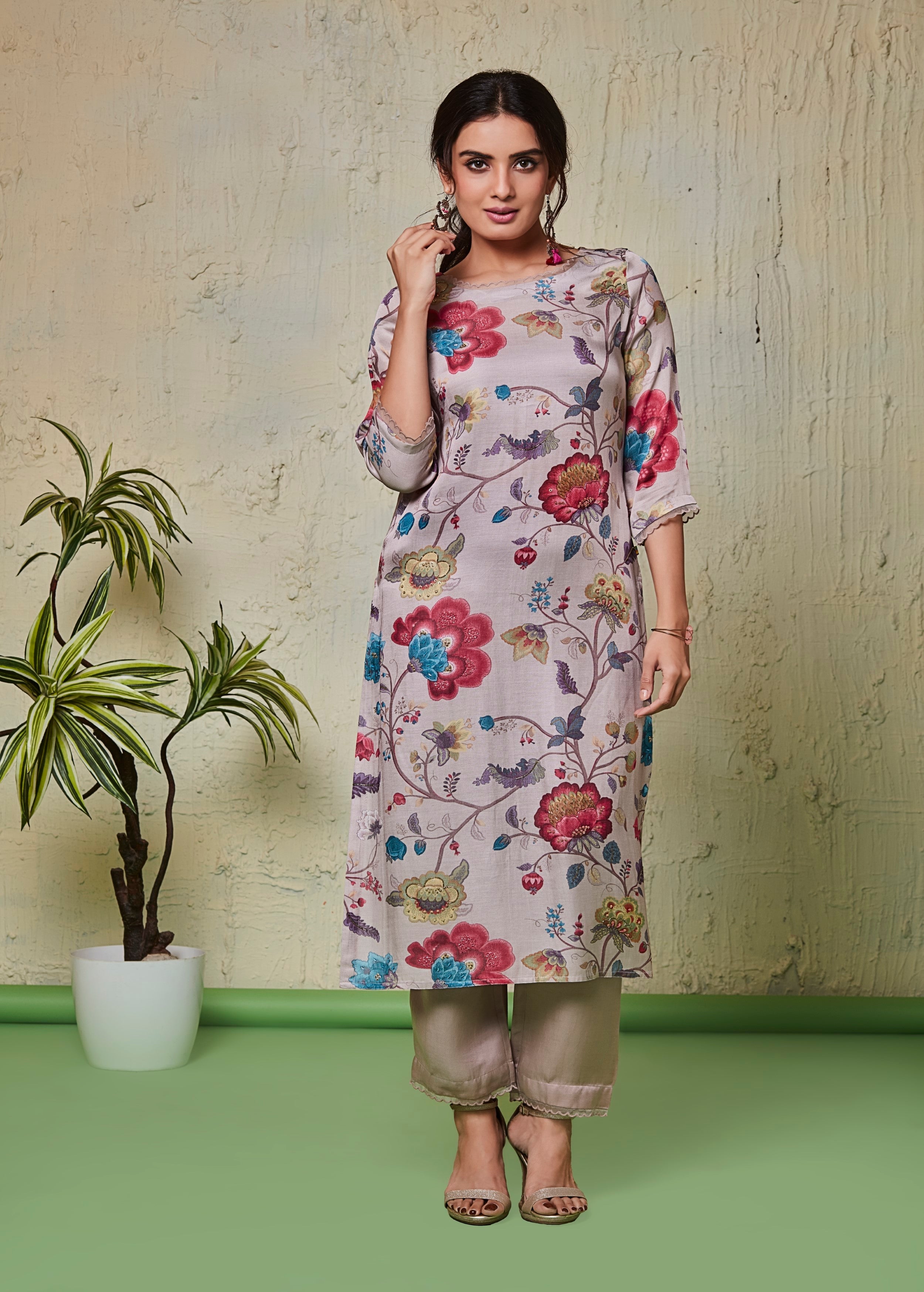 Tan-White Printed Raw Silk Kurta Set