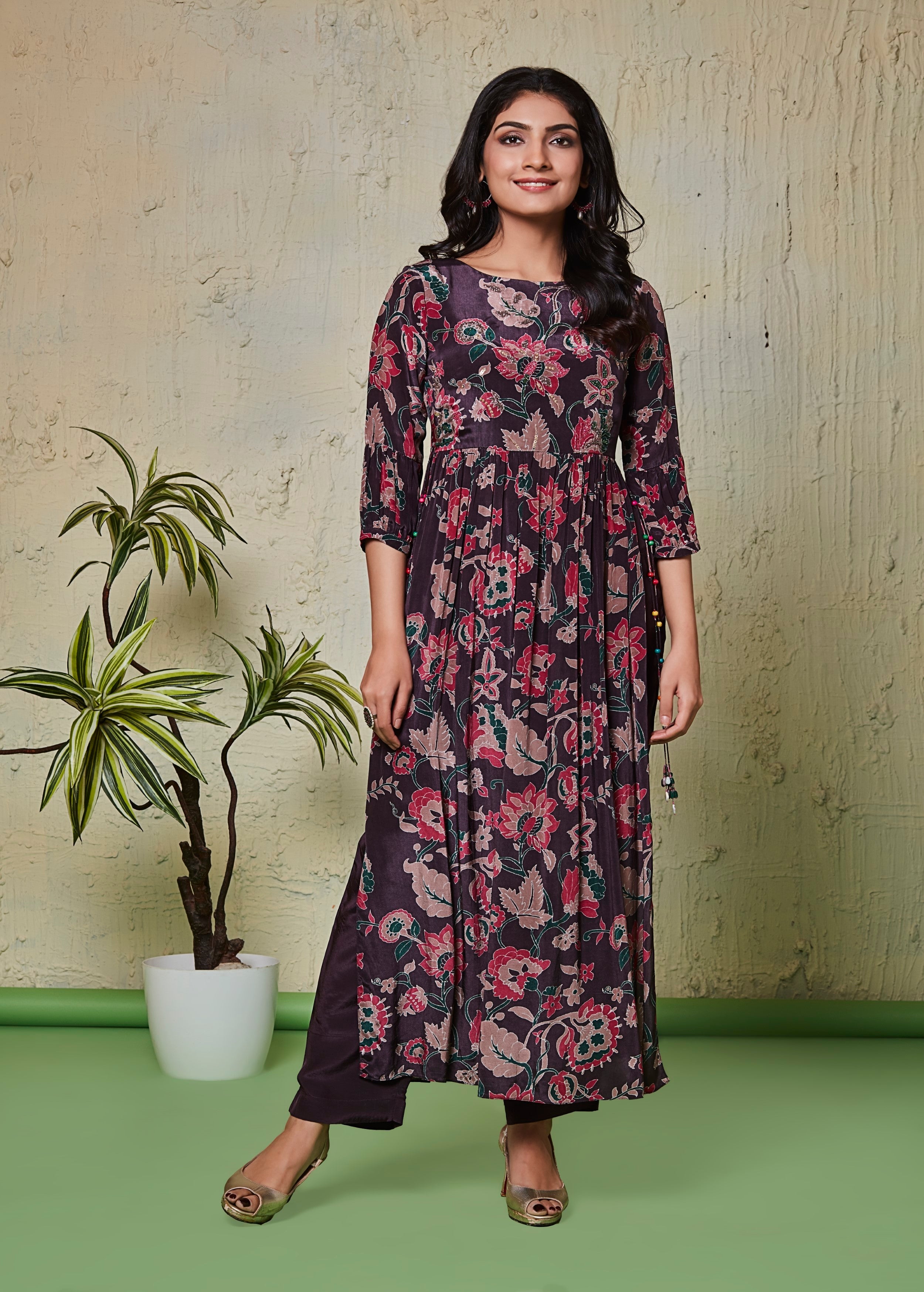 Deep Maroon Printed Muslin Silk Kurta Set