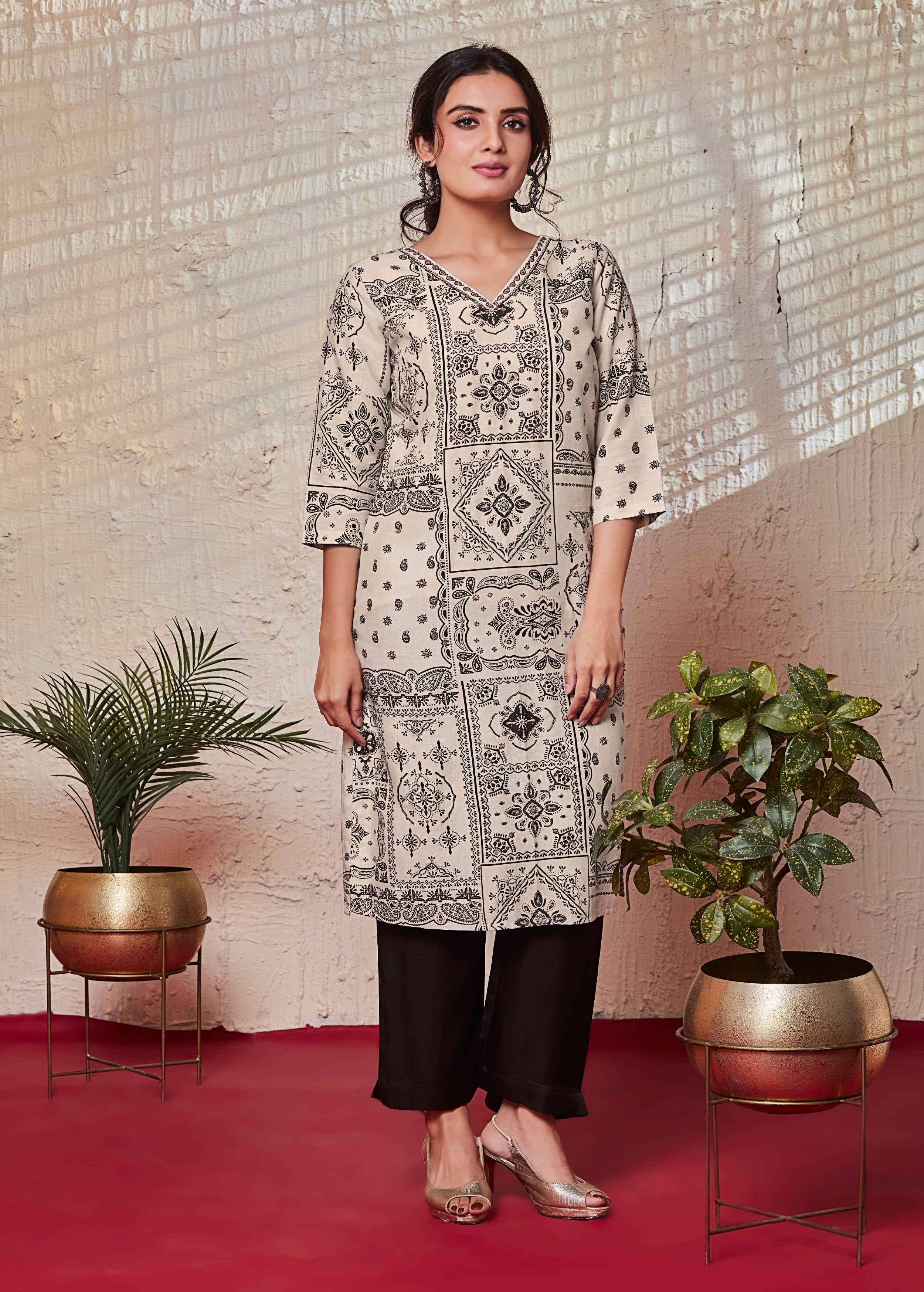 Cream Multi-Printed Georgette Silk Kurta Set