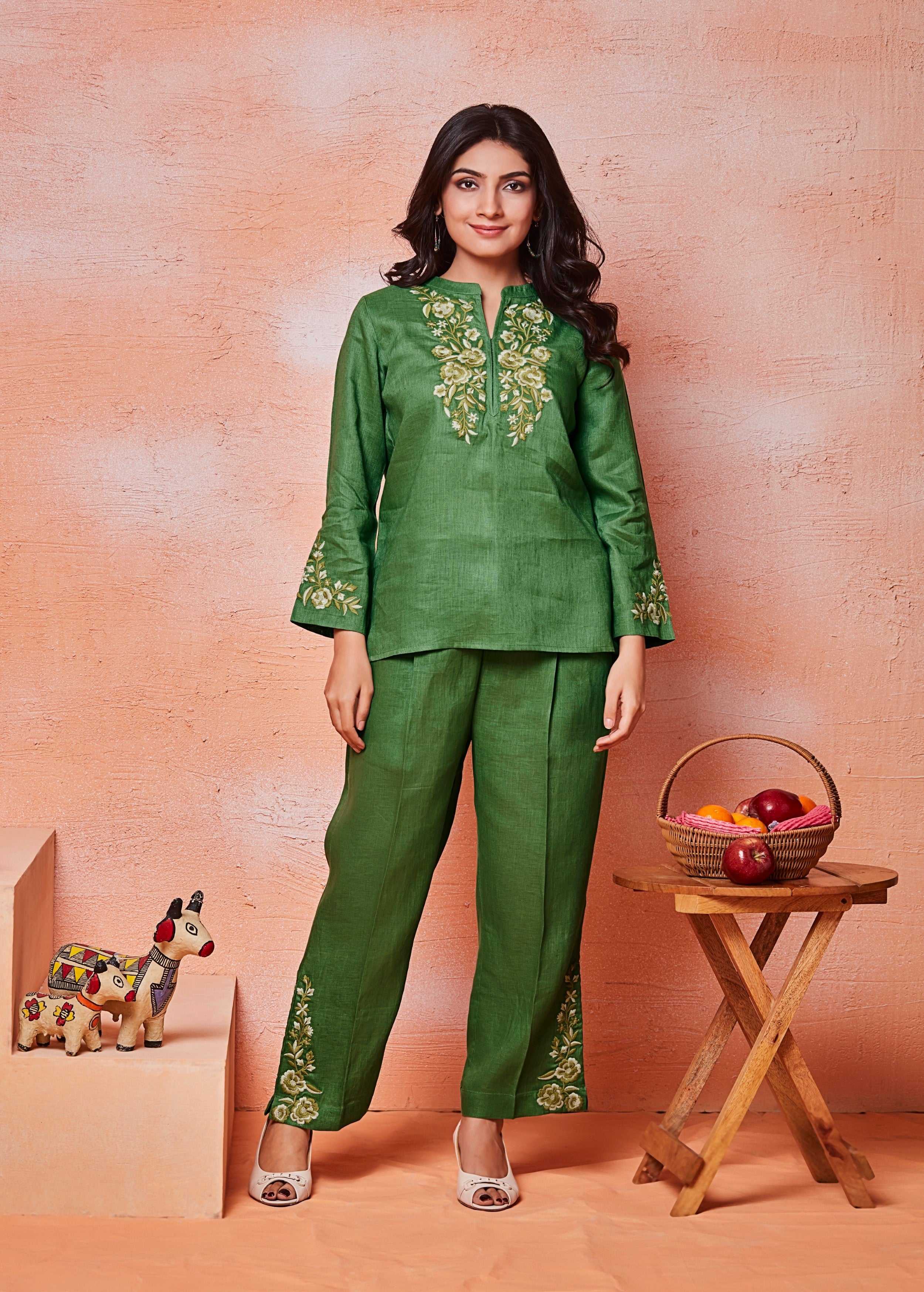 Forest Green Embroidered Raw Silk Co-Ord Set