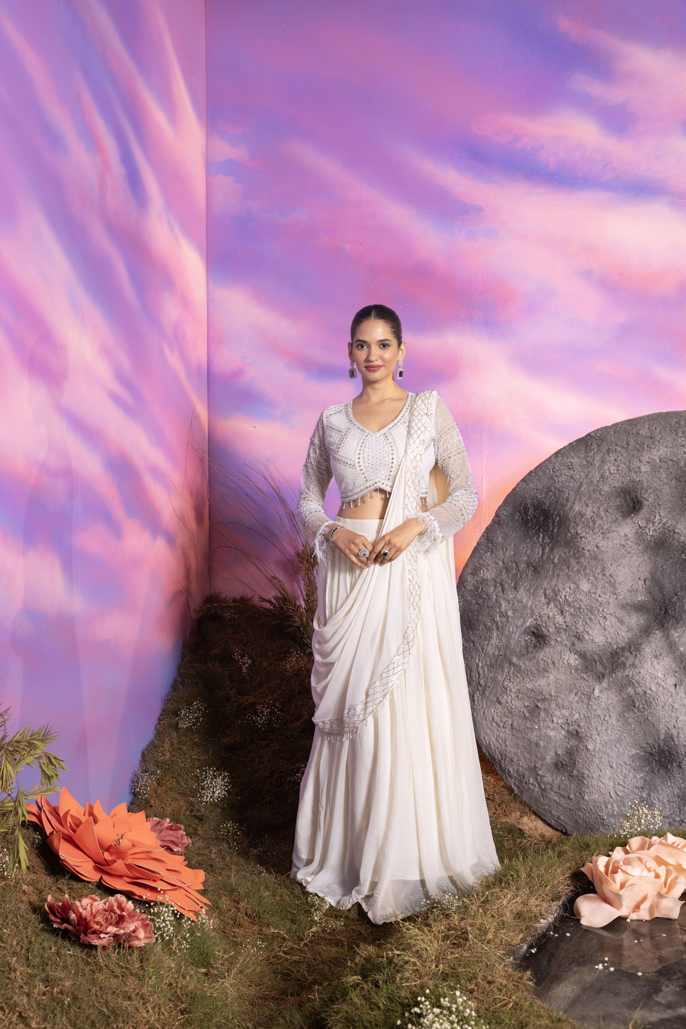 Pastel Cream Embellished Georgette Silk Draped Saree