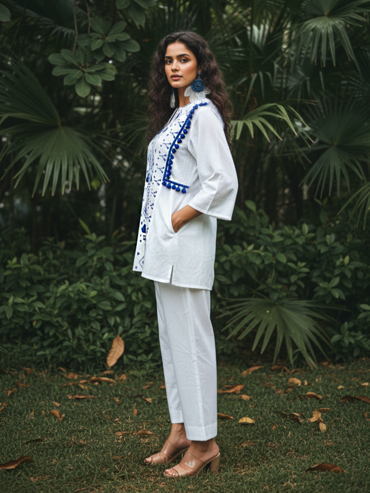 White & Blue Geometric Embroidered Cotton Co-Ord Set
