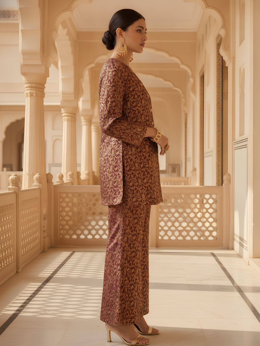 Deep Plum Embroidered Jacquard Silk Co-Ord Set