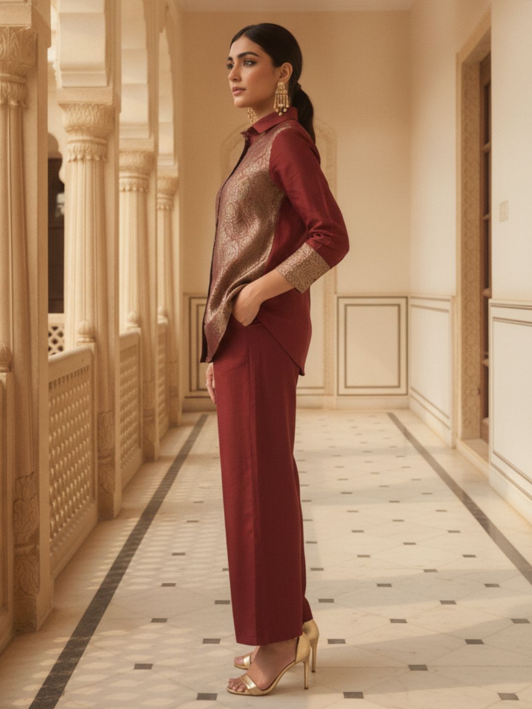 Deep Maroon Embroidered Banarasi Silk Co-Ord Set