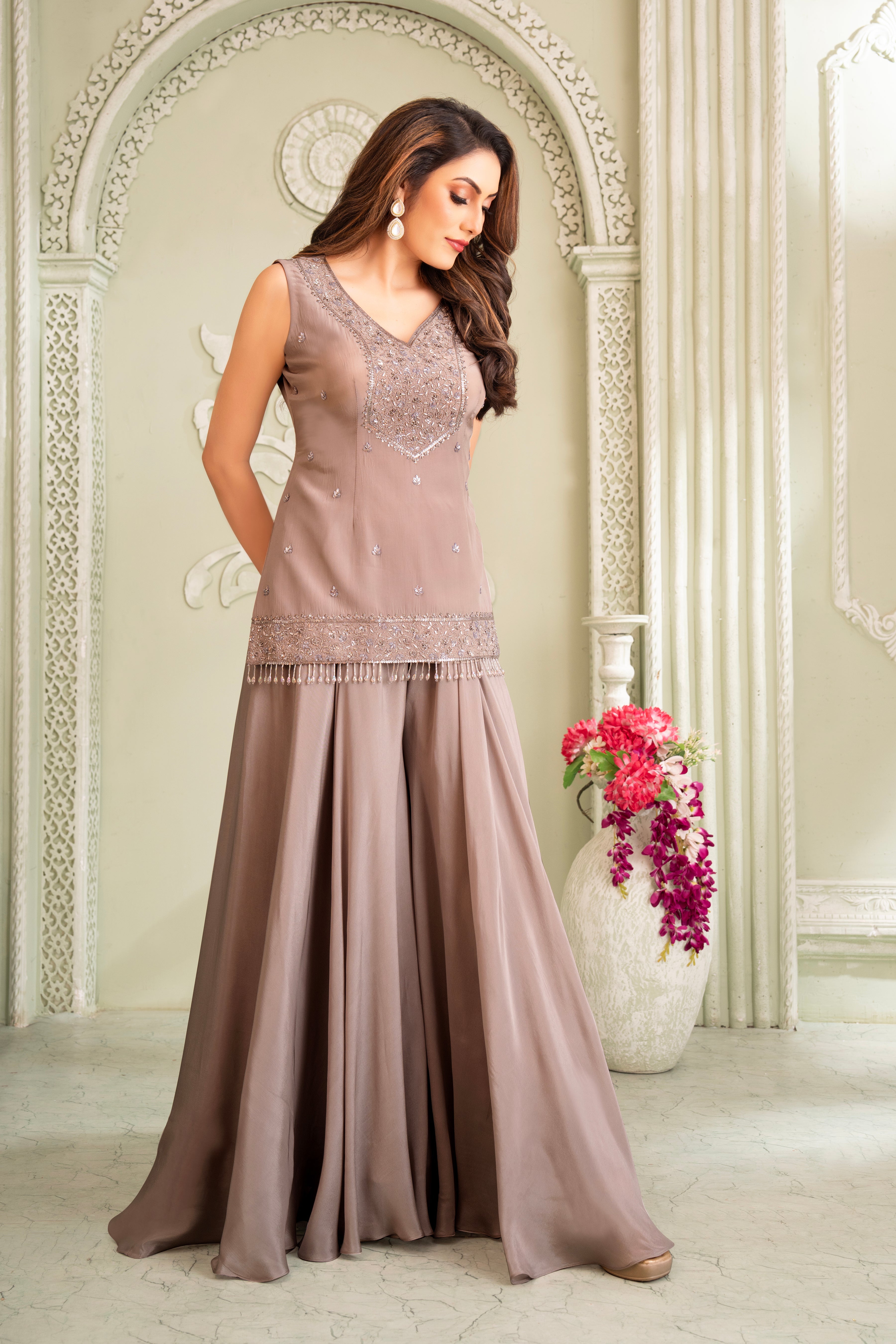 Mauve Handwork Tunic Palazzo Set