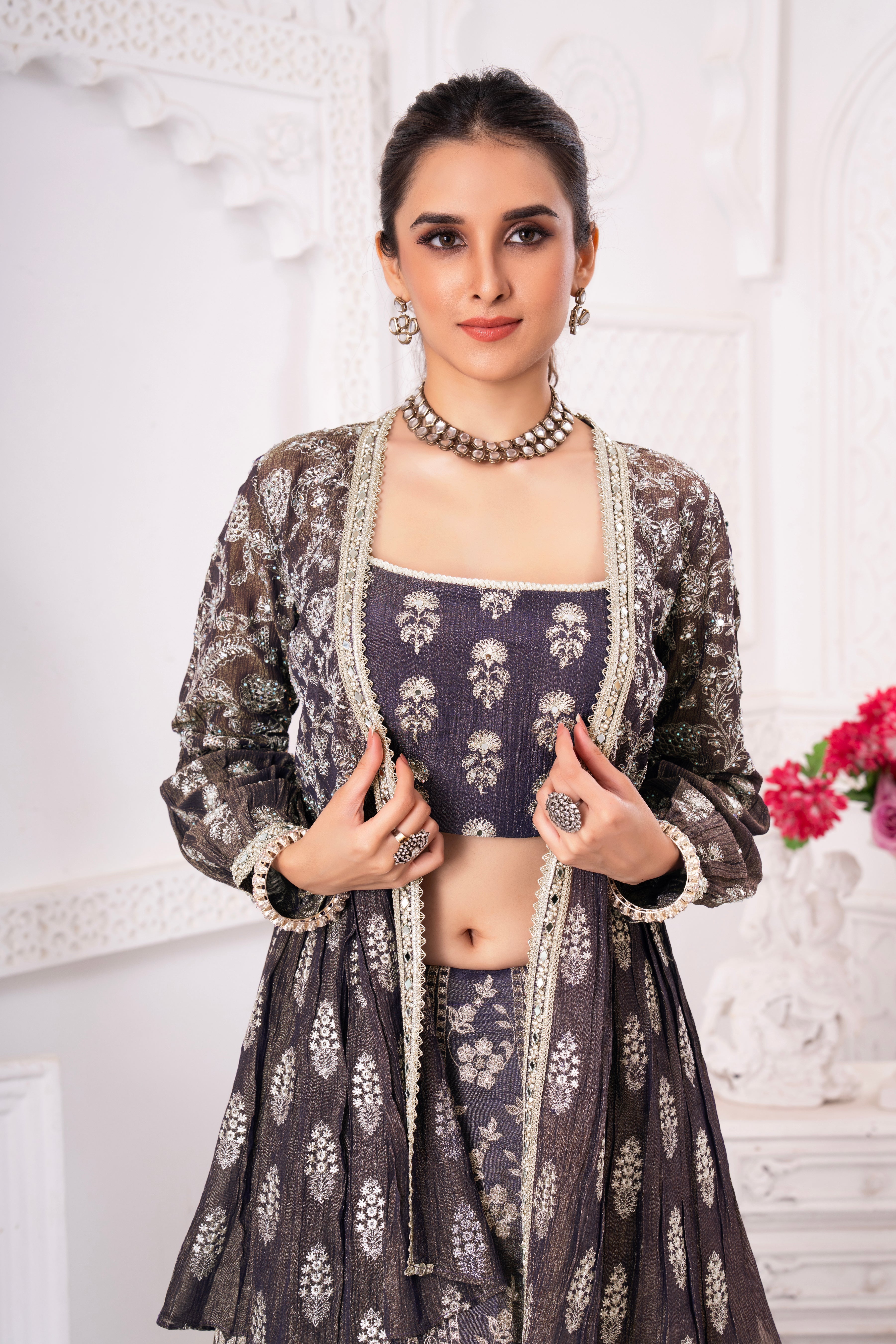 Shimmer Purple Floral Handwork Jacket Lehenga Set