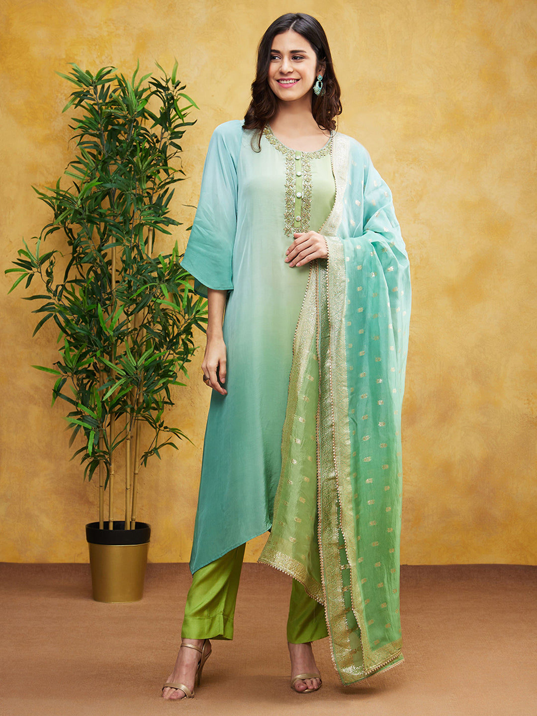 Light Turquoise Ombre-Dyed Spanish Silk Pants Set