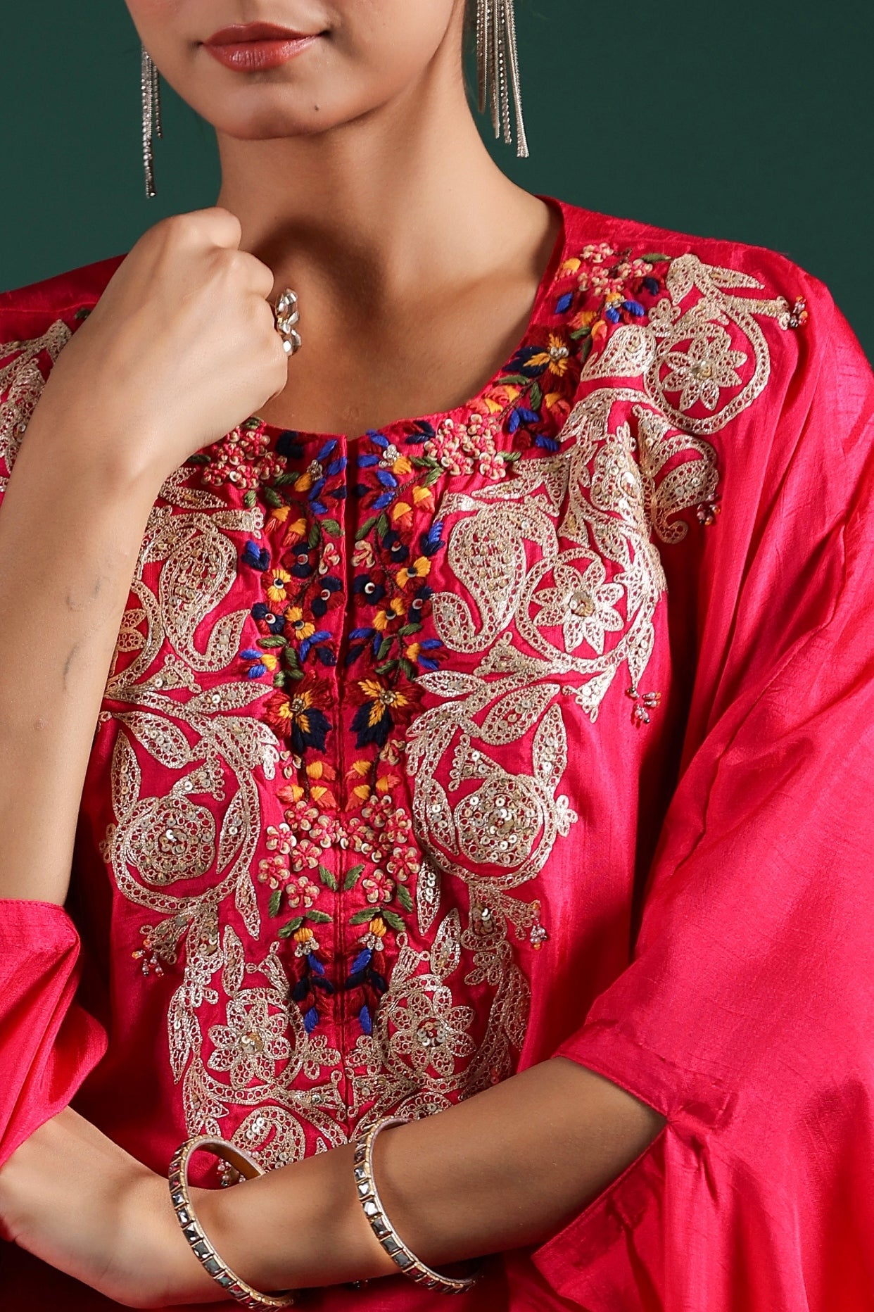 Red Embroidered Raw Silk Skirt Set