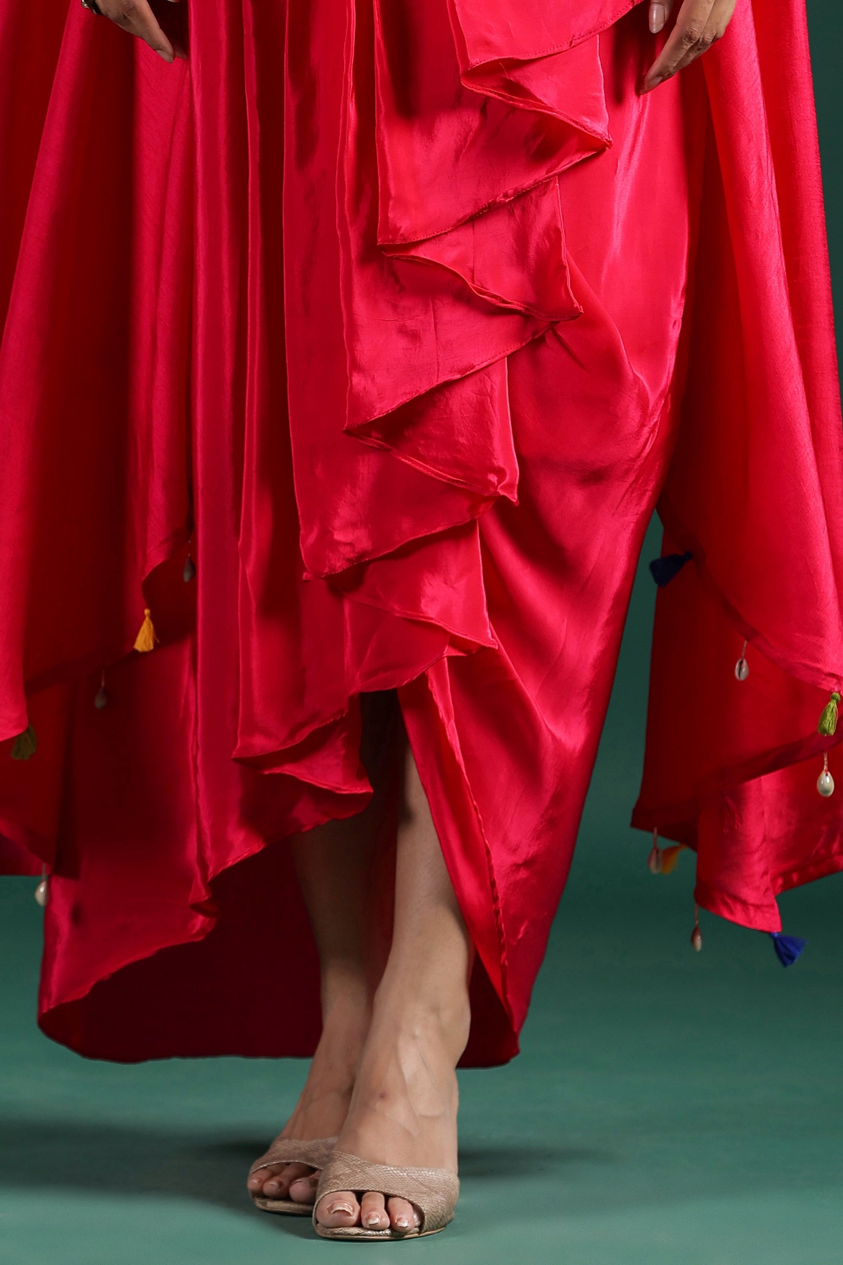 Red Embroidered Raw Silk Skirt Set